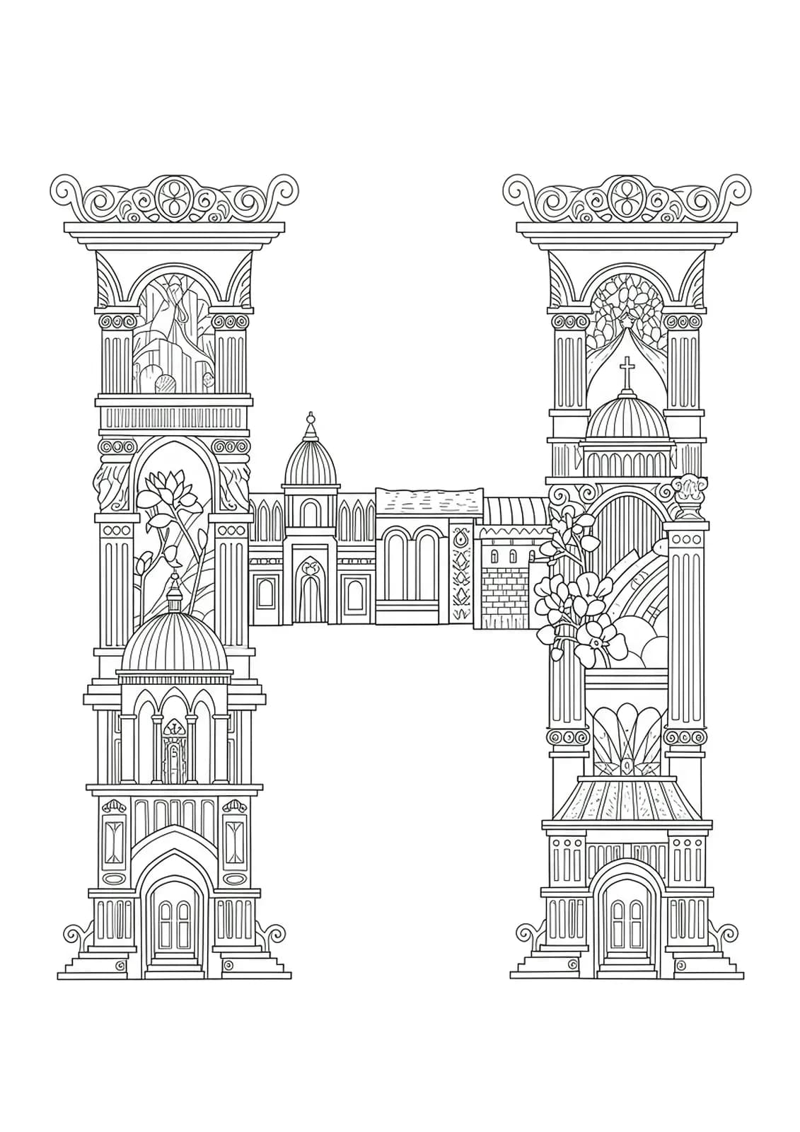 Letter H embedded in a collage of intricate world architectural elements and ornate structures.