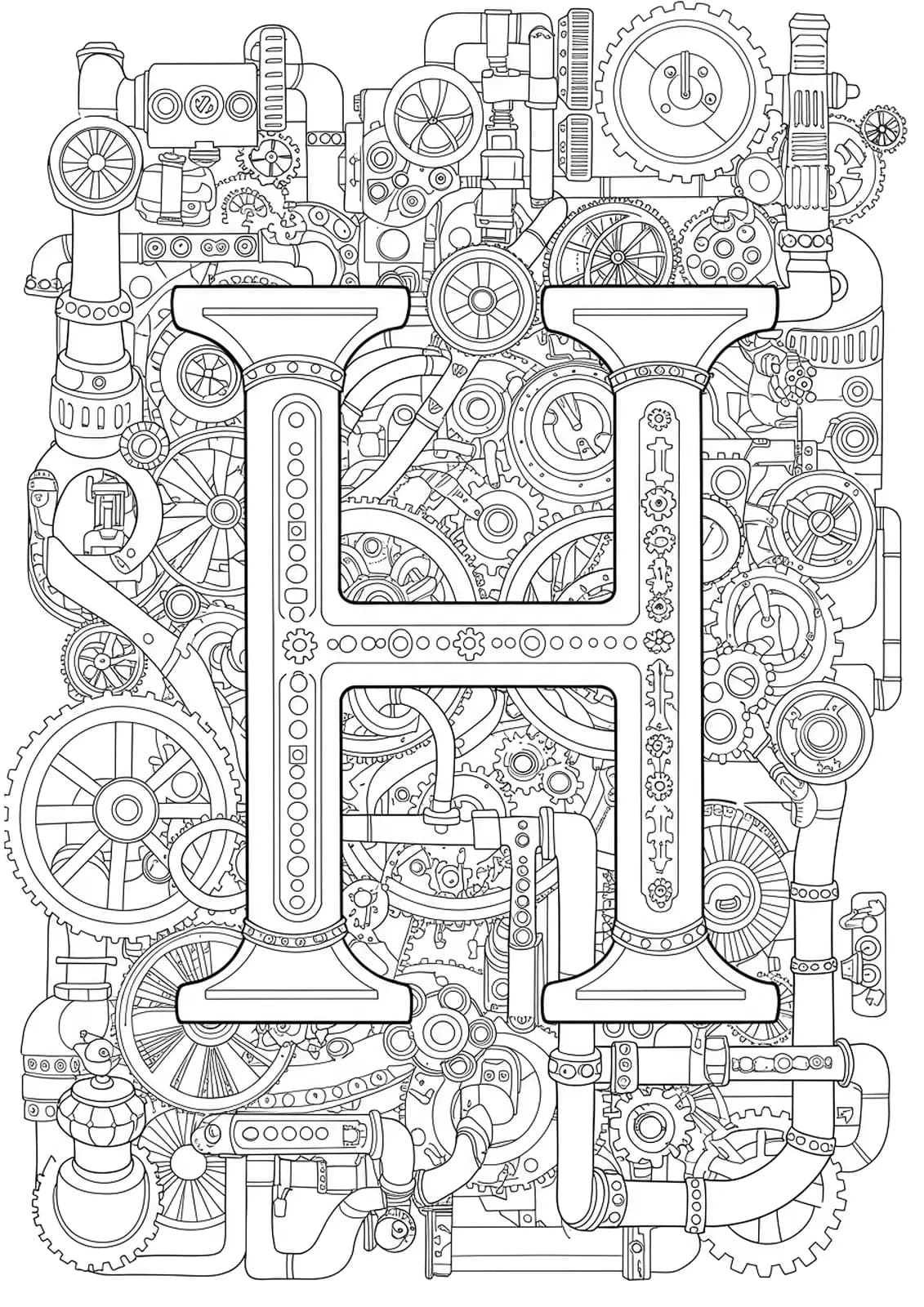 Letter H surrounded by intricate steampunk gears, pipes, and vintage machinery for adult coloring.