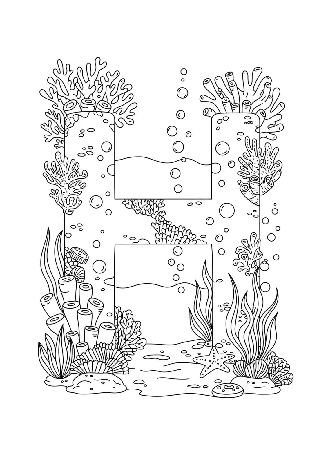 Underwater-themed letter H with coral, seaweed, and bubbles for adult coloring.