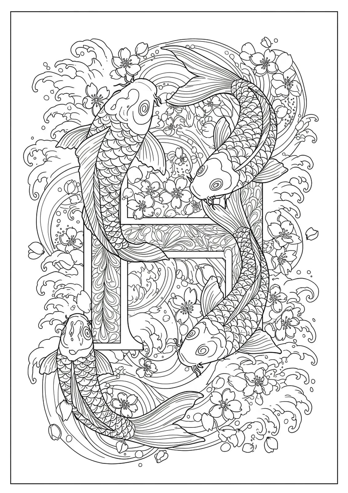 Detailed Japanese-style letter H with koi fish, swirling waves, and cherry blossoms for coloring