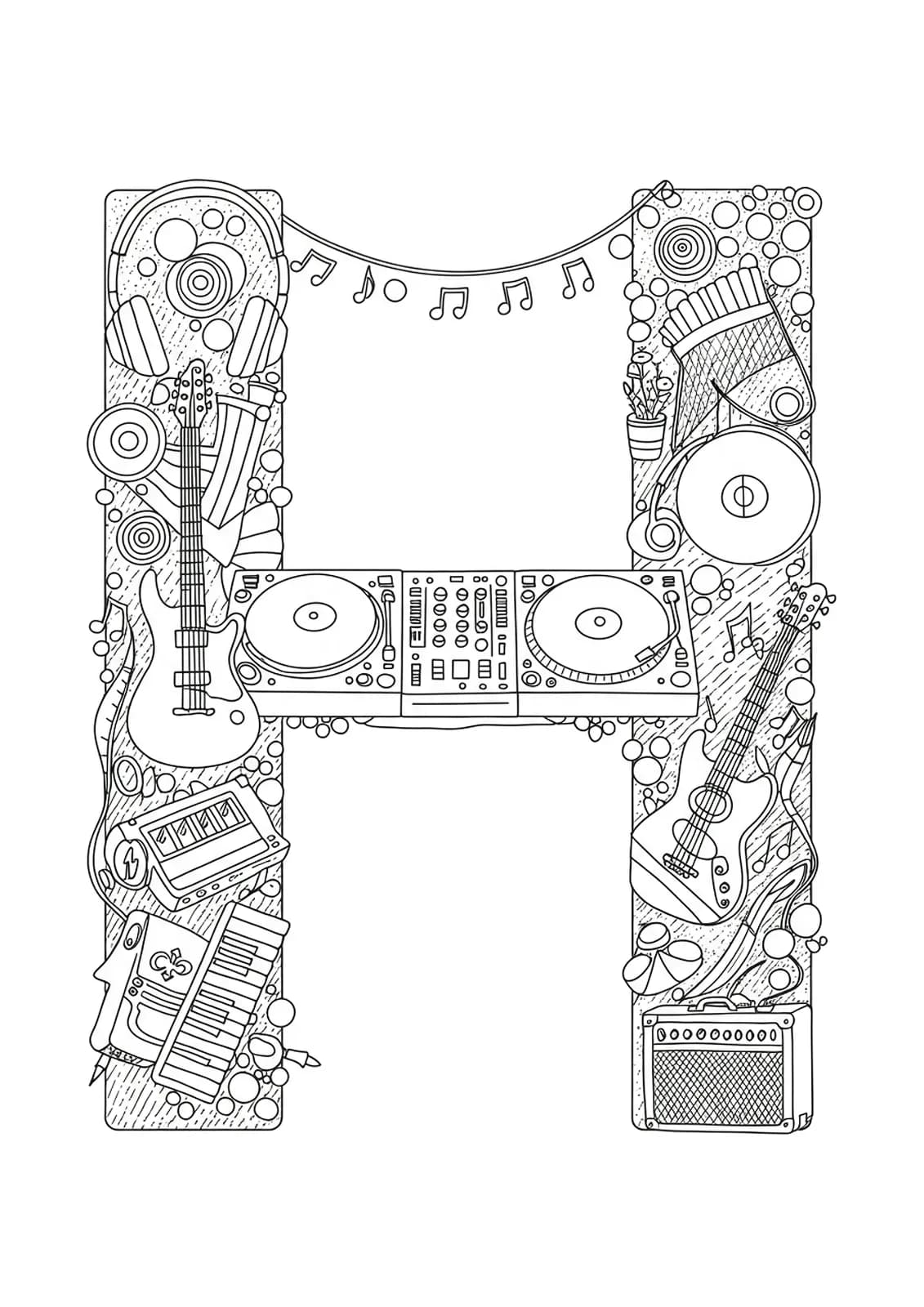 Intricate music festival-themed letter H with detailed instruments, notes, and DJ elements