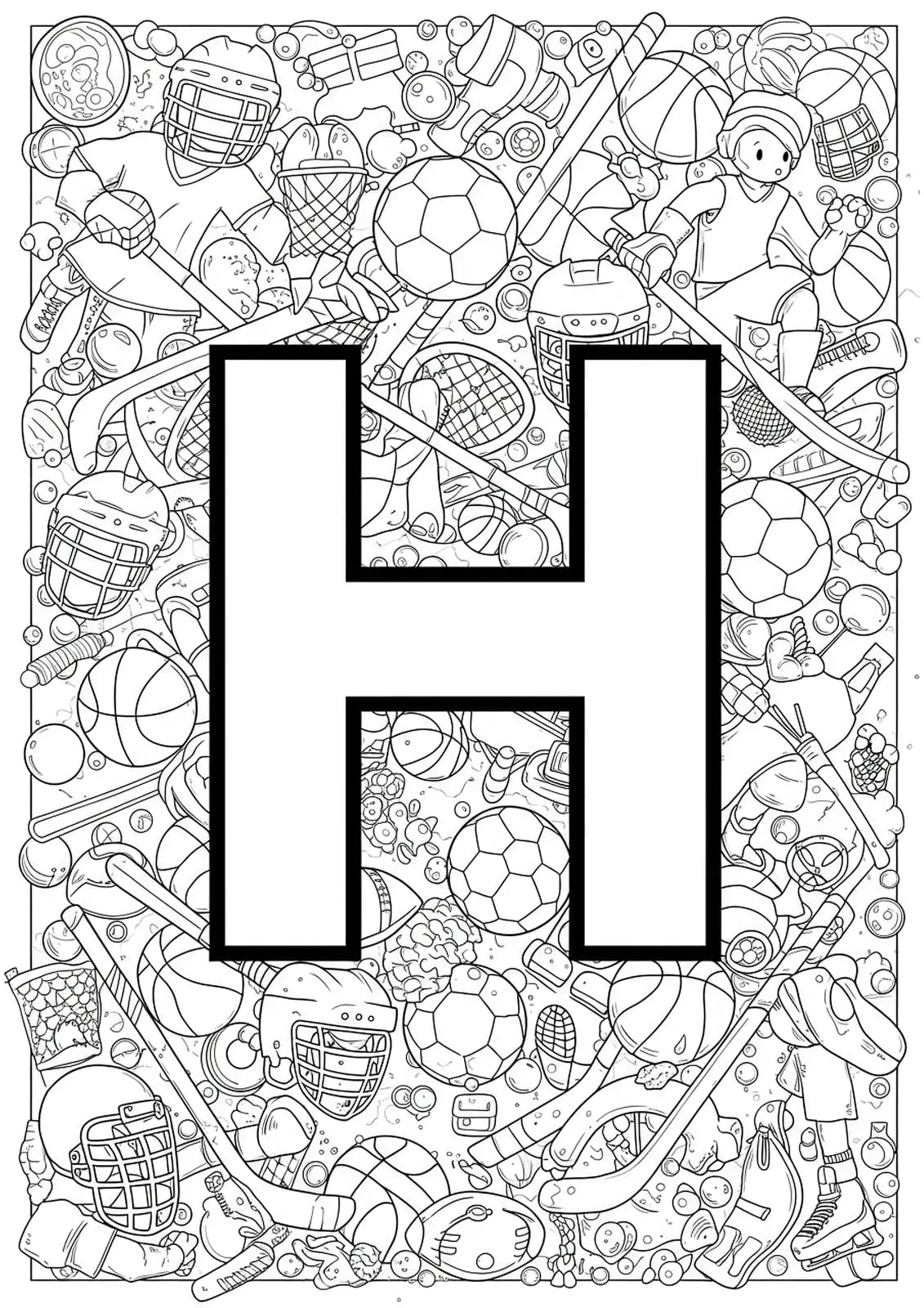 Hard coloring page with the letter H amid sports items: helmets, hockey sticks, basketballs, and athletes.