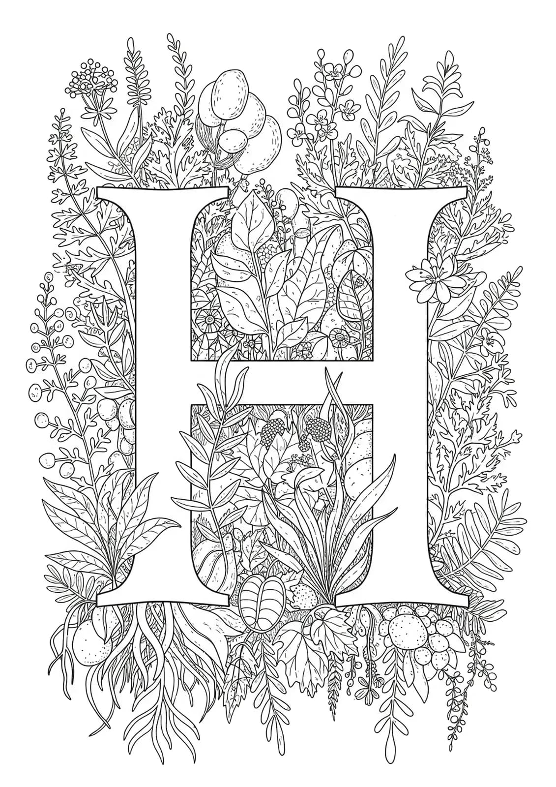 Letter H surrounded by intricate and detailed botanical herbs, flowers, and leaves for adult coloring.
