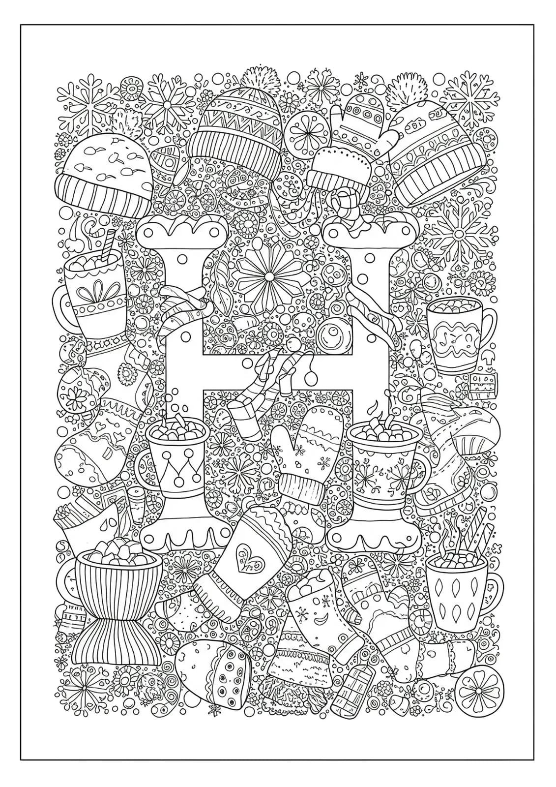 Detailed coloring page featuring the letter H surrounded by snowflakes, hats, and cups of hot cocoa.