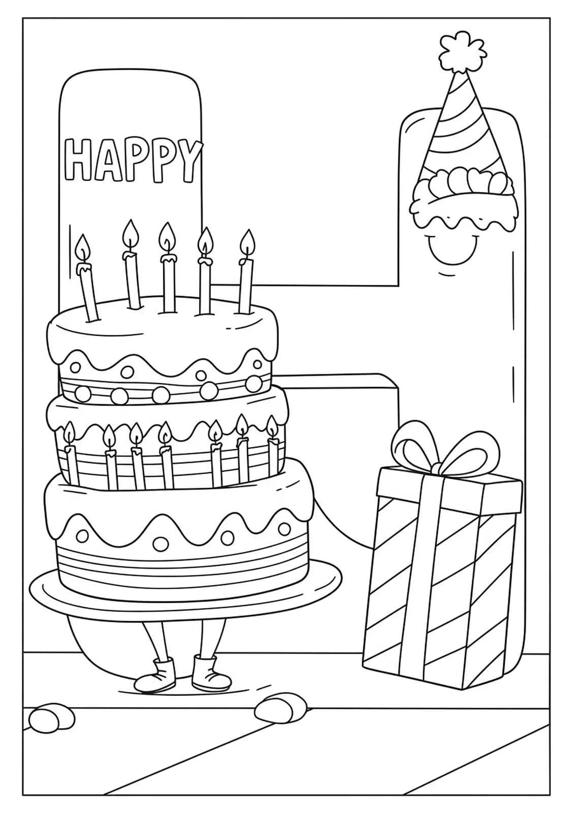 large letter H with a birthday cake and candles beside it, simple outlines for preschool