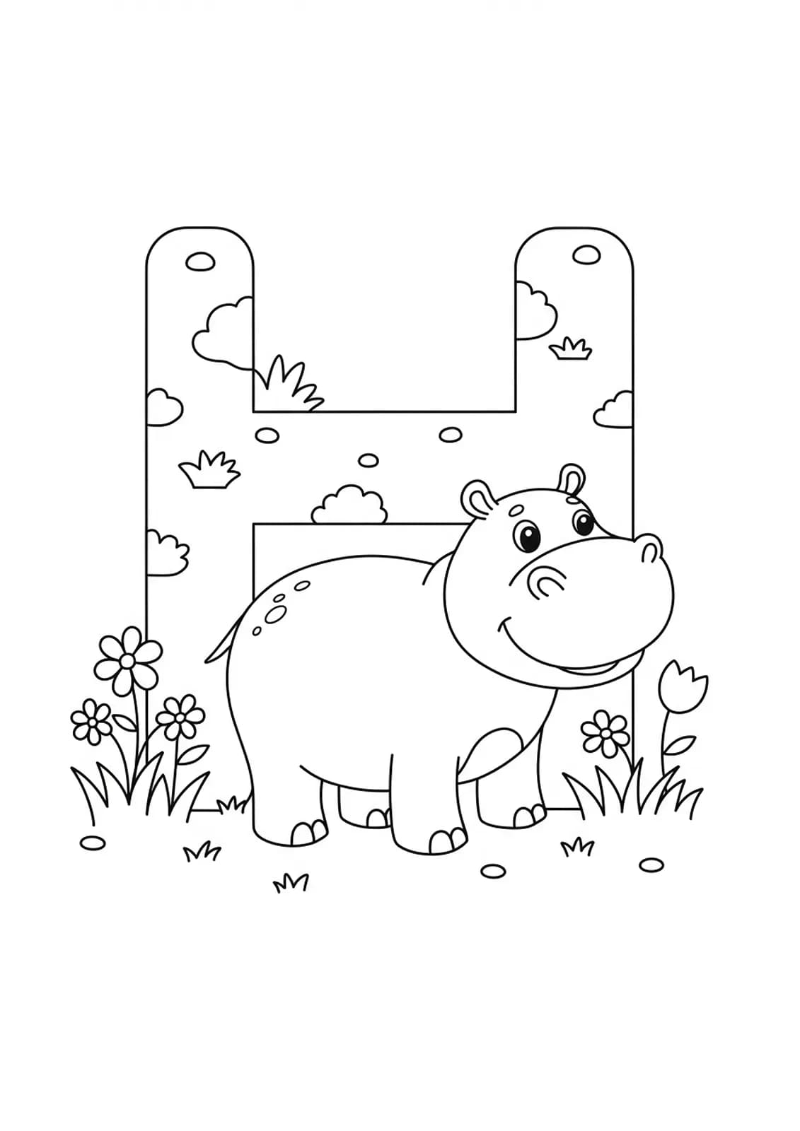 Easy coloring page of the letter H with a smiling hippo and some grass and flowers.