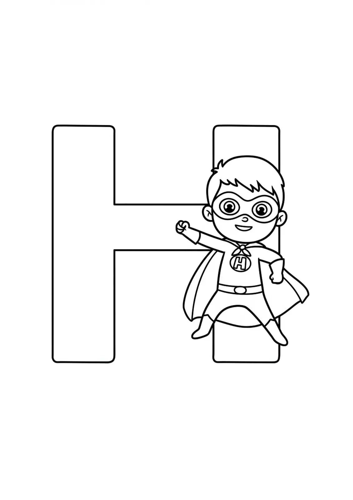 Letter H with a kid superhero character wearing a cape and mask.