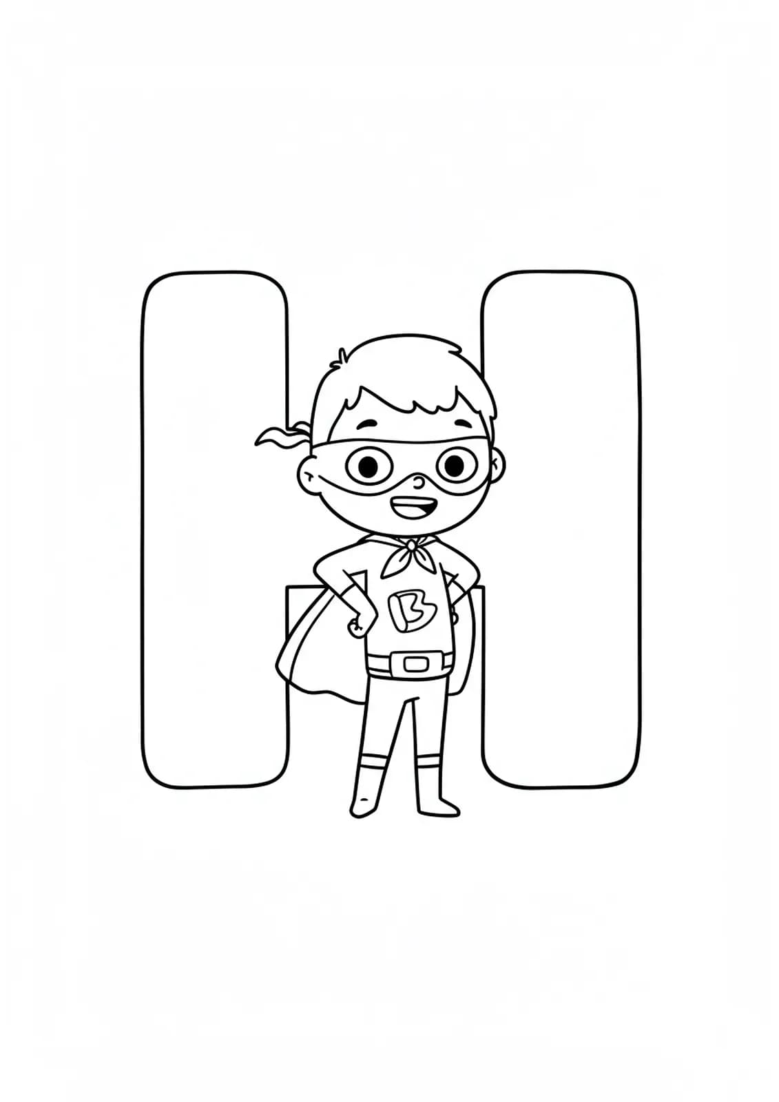 large letter H with a child dressed as a superhero, easy coloring for preschoolers