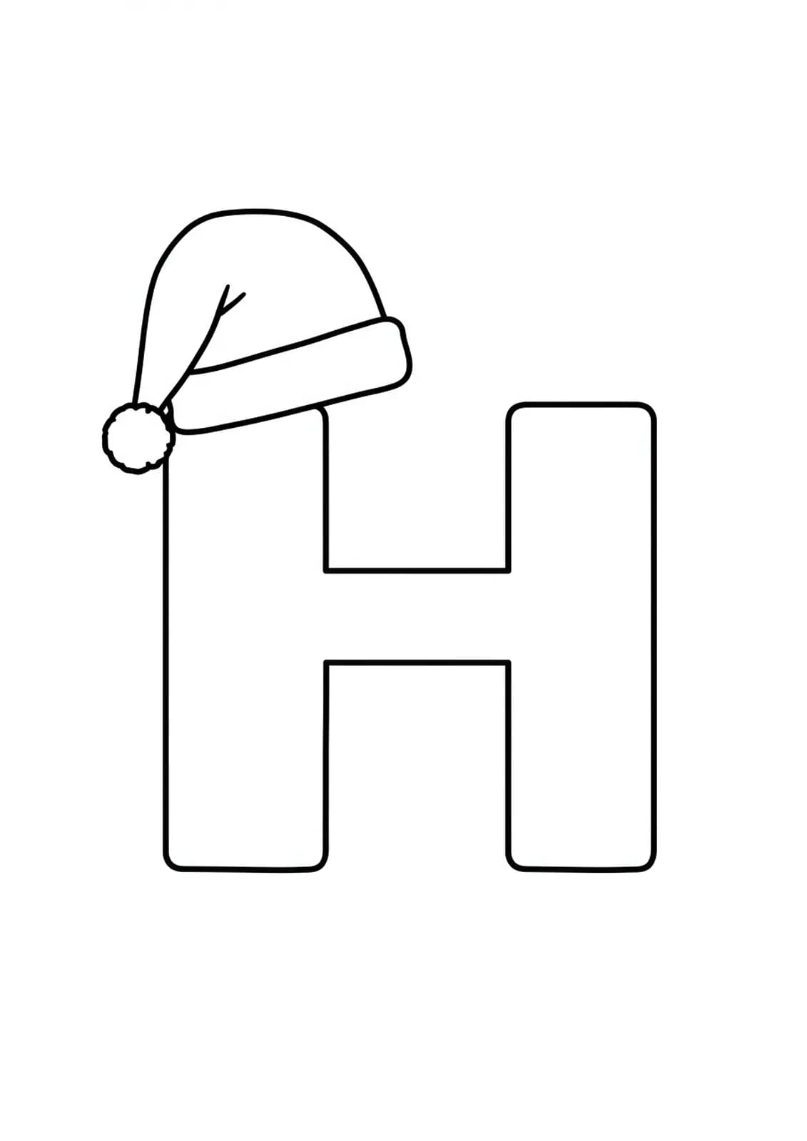 large letter H wearing a Santa hat, simple outlines for preschool coloring