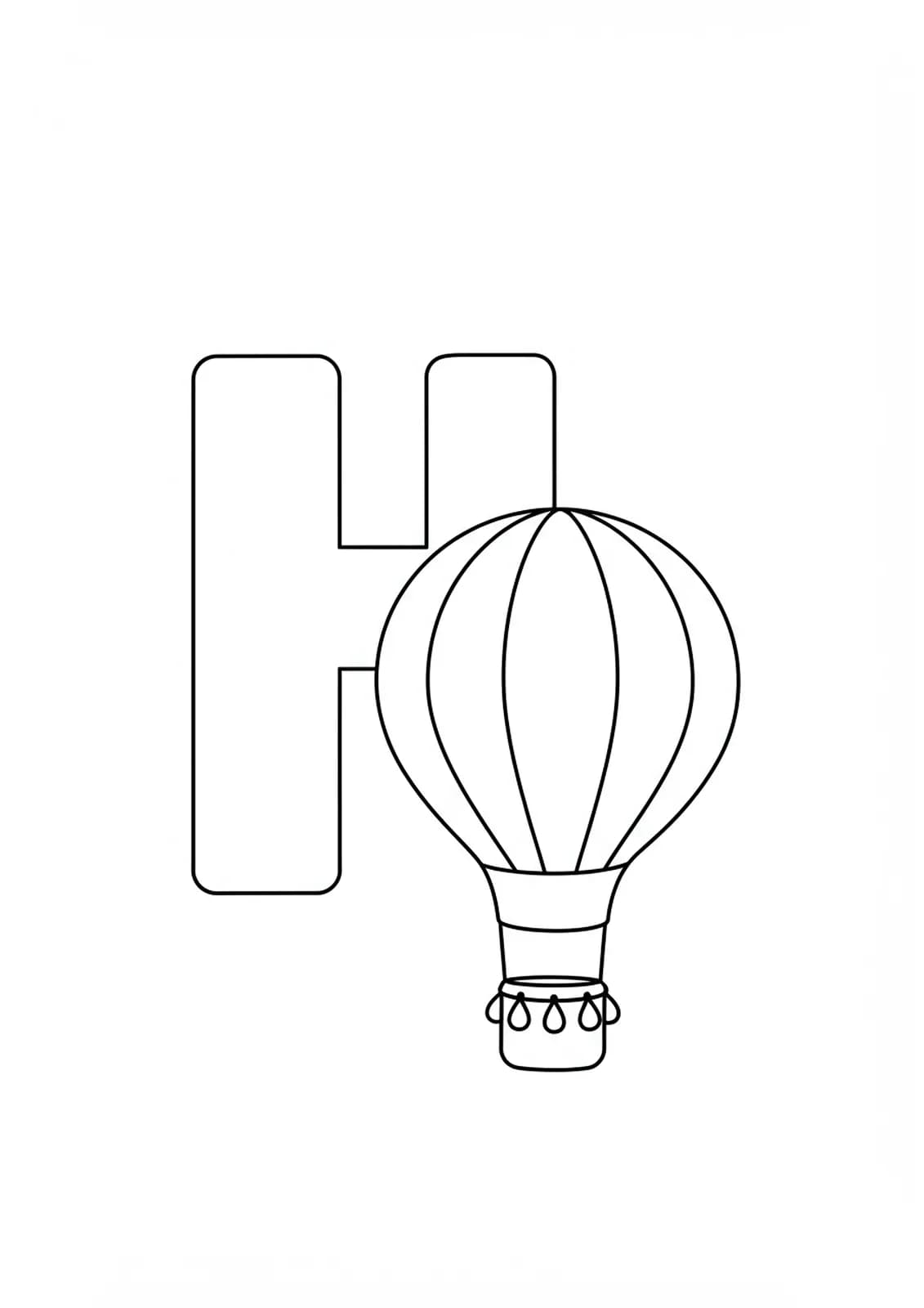 large letter H with a big hot air balloon floating next to it, easy coloring for preschool