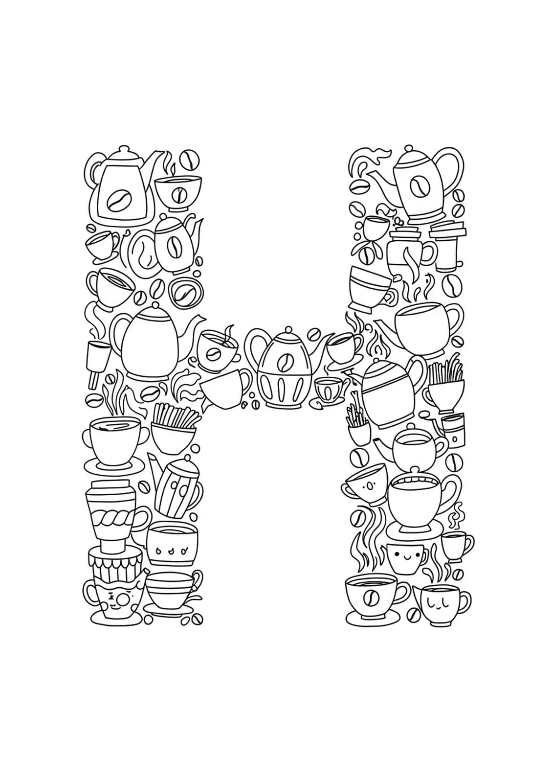 Easy letter H with coffee cups and tea pots, ideal for adult coloring.