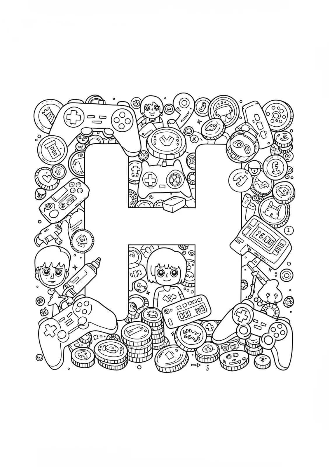 Letter H with gaming controllers, pixel art, coins, and avatars in black and white medium-detail line art