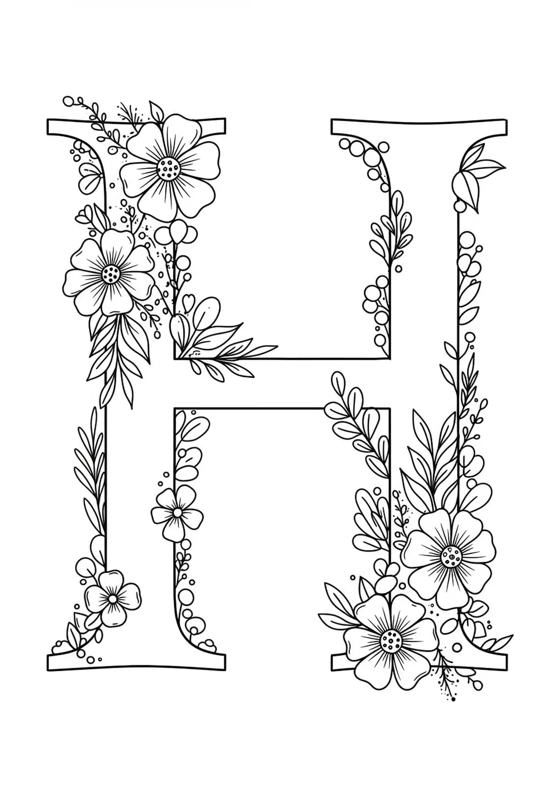 Letter H with simple floral borders, featuring large flowers and leaves for easy adult coloring.