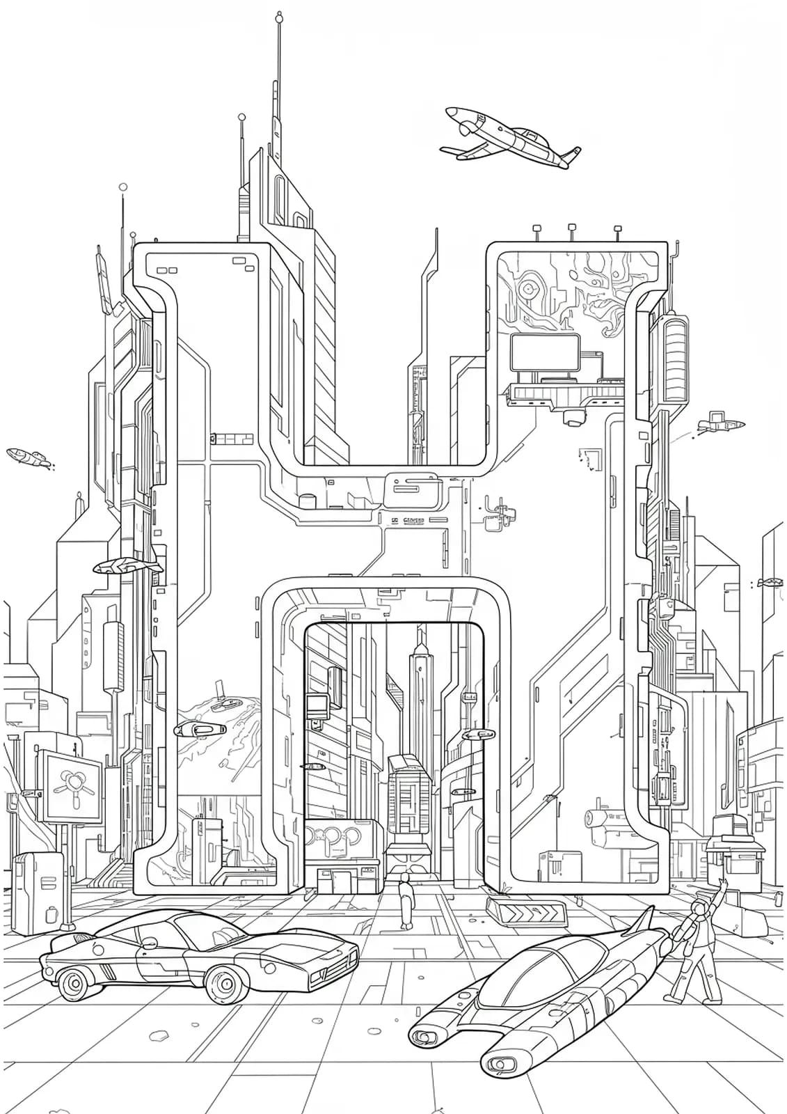 Letter H in a futuristic cityscape with skyscrapers, flying cars, and billboards, black and white line art