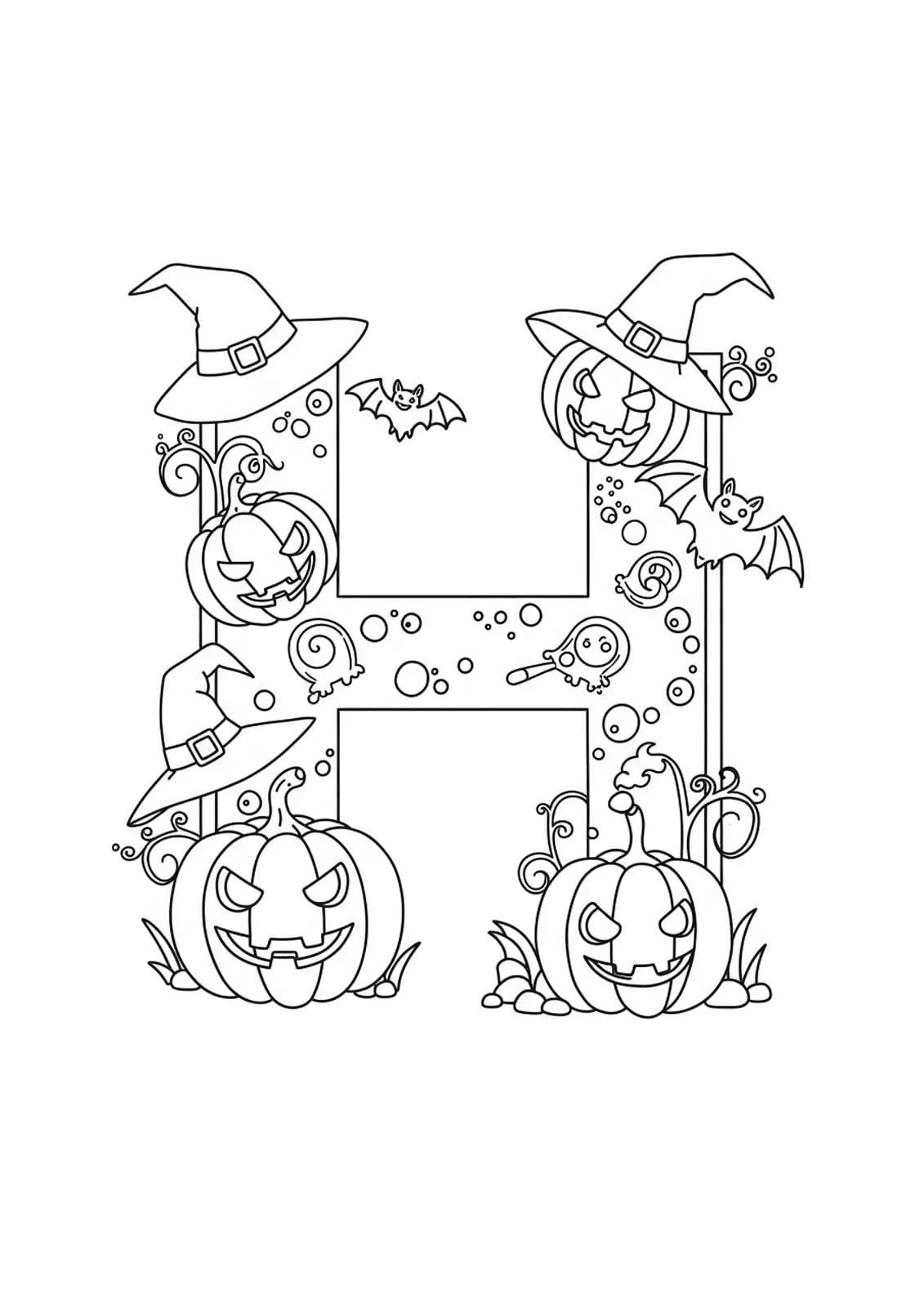 Easy coloring page featuring the letter H decorated with Halloween pumpkins and bats.