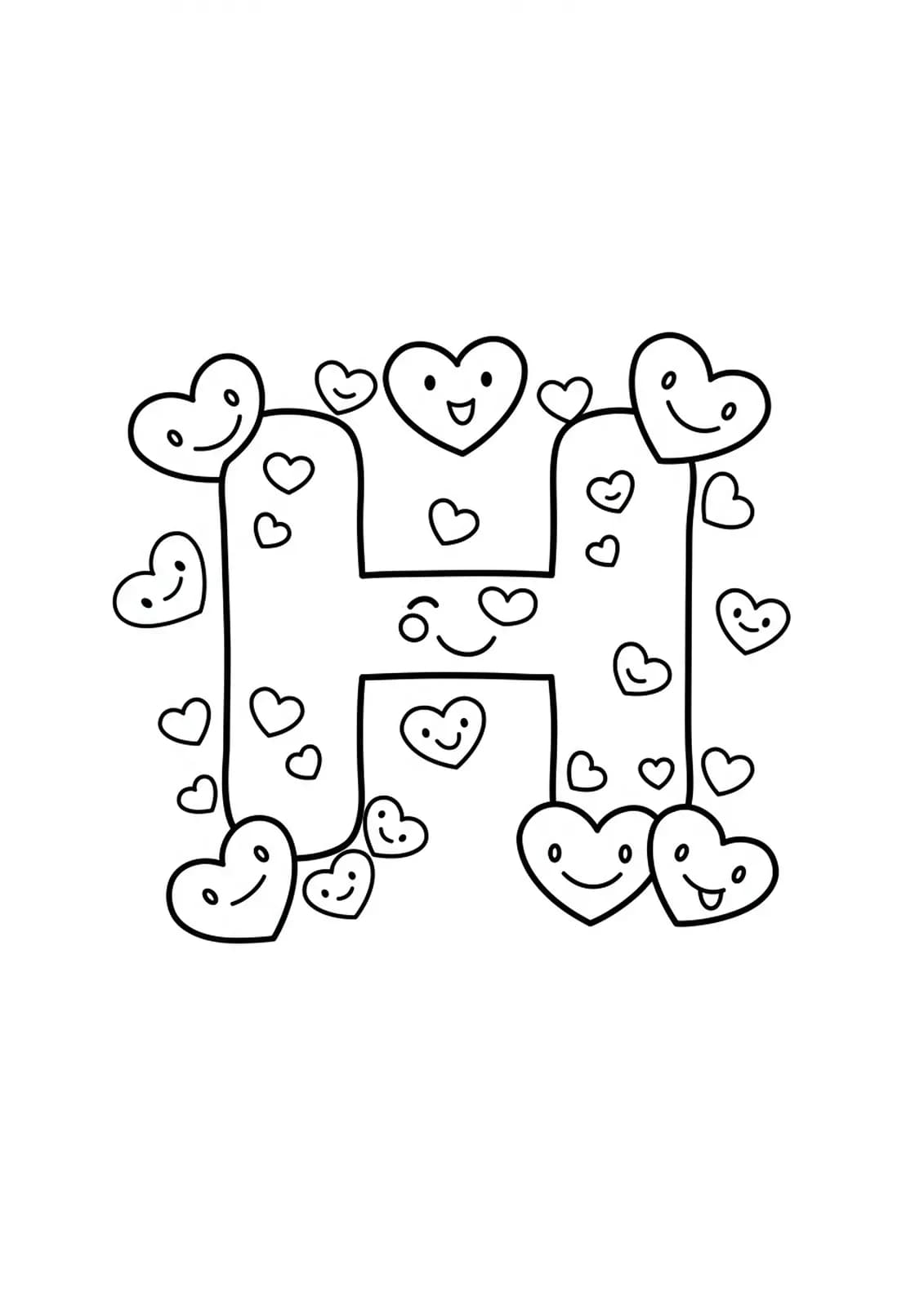 large letter H surrounded by smiling hearts, easy coloring page for preschool