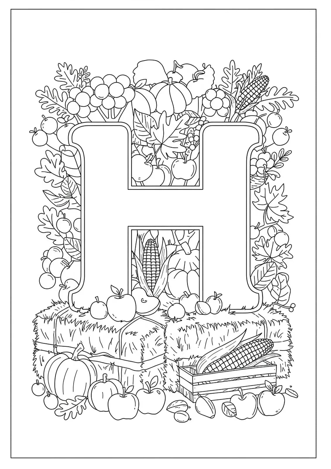 Coloring page of letter H with autumn harvest items like hay, apples, corn, and leaves for preschoolers.