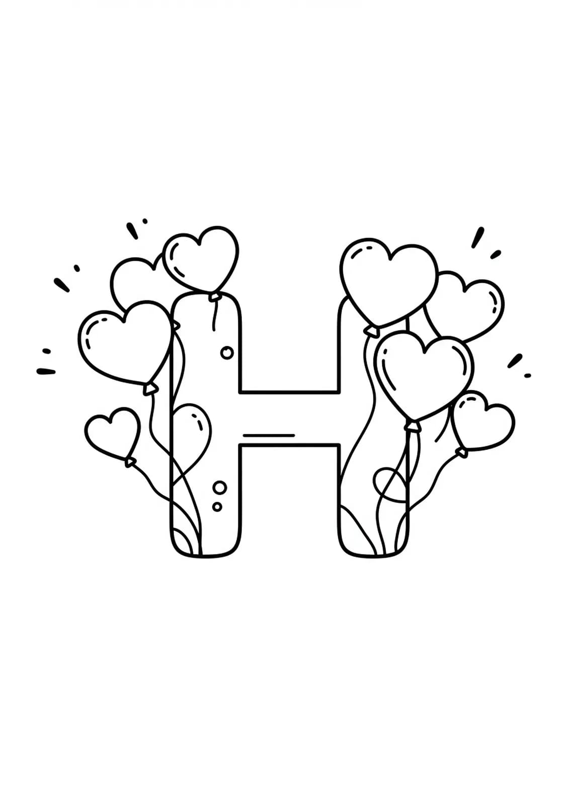 Coloring page showing the letter H surrounded by heart-shaped balloons.