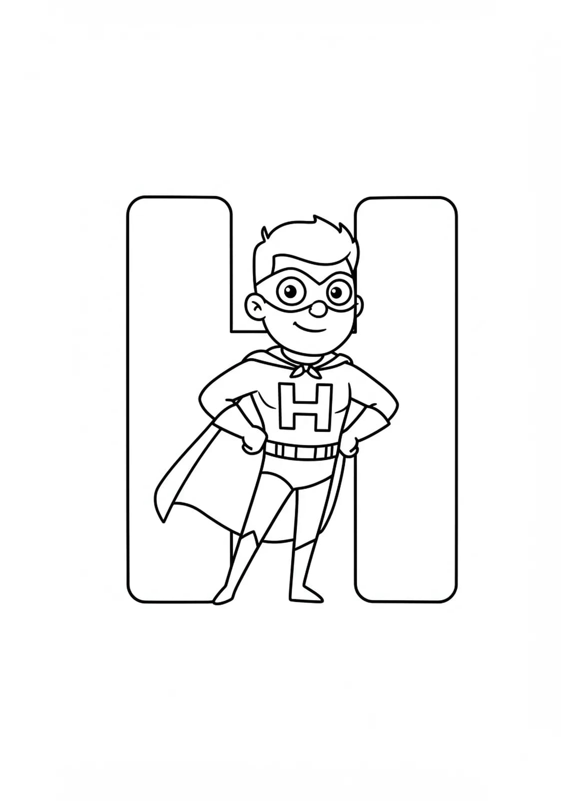 Coloring page of letter H with a cartoon superhero character for preschoolers.