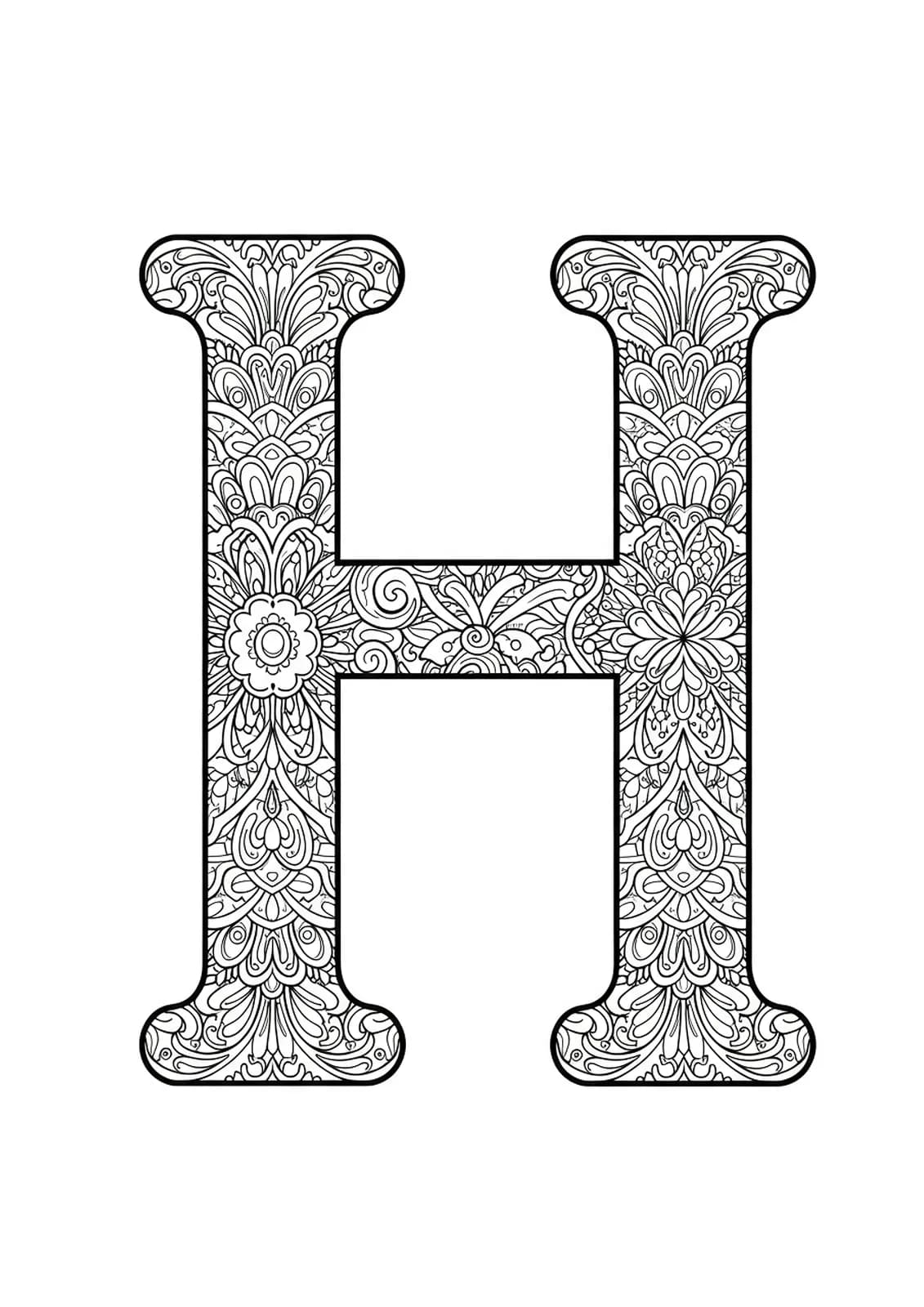 Letter H intricately decorated with historical mandala patterns and ancient motifs for adults.