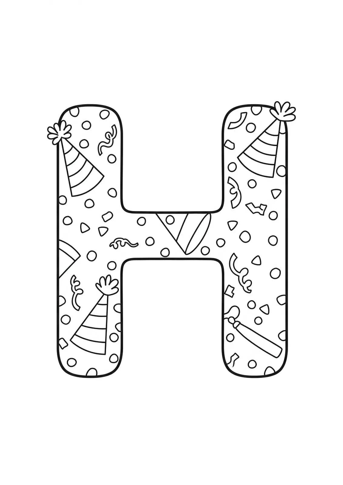 Coloring page with the letter H decorated with party hats and confetti.