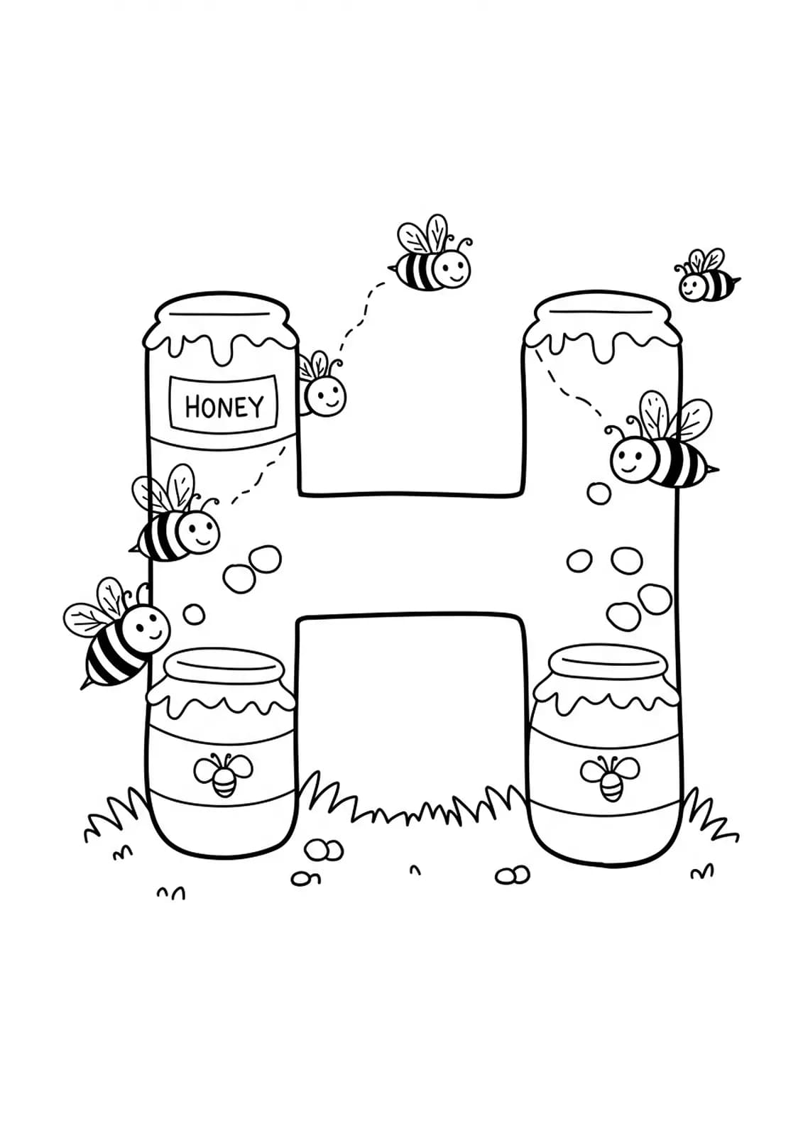 large letter H with honey pots and bees around it, easy preschool coloring page