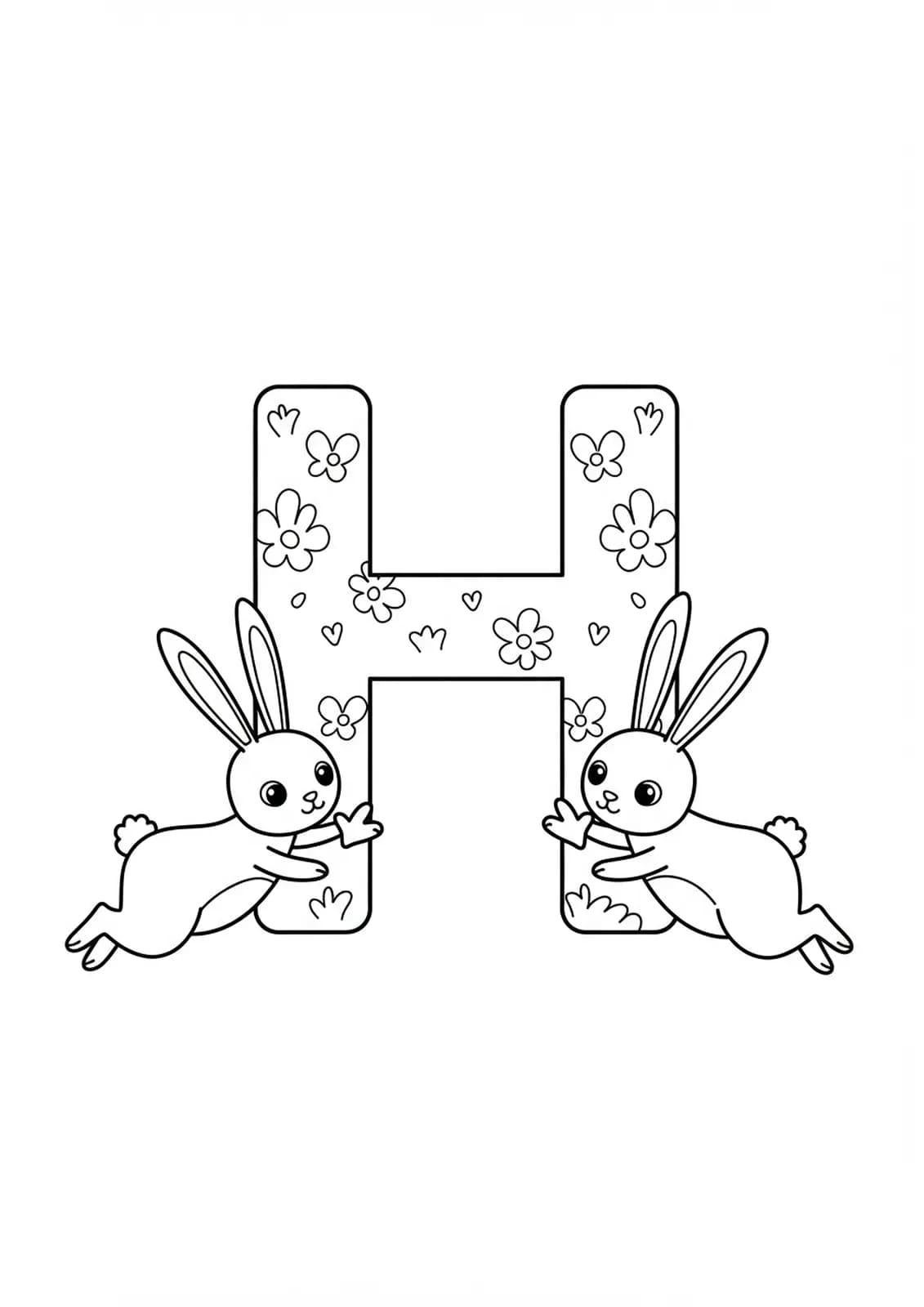 Coloring page with the letter H and two bunnies hopping around it.