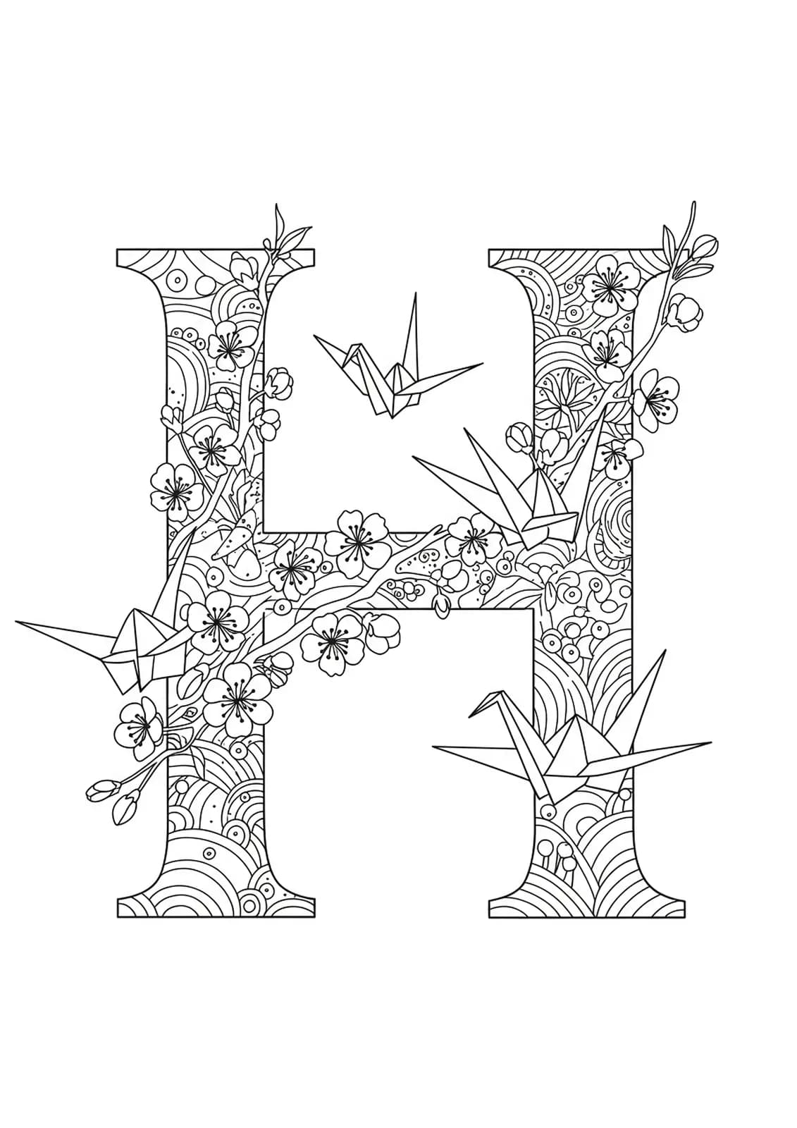 Letter H with cherry blossoms and origami cranes illustrated in black and white line art for coloring