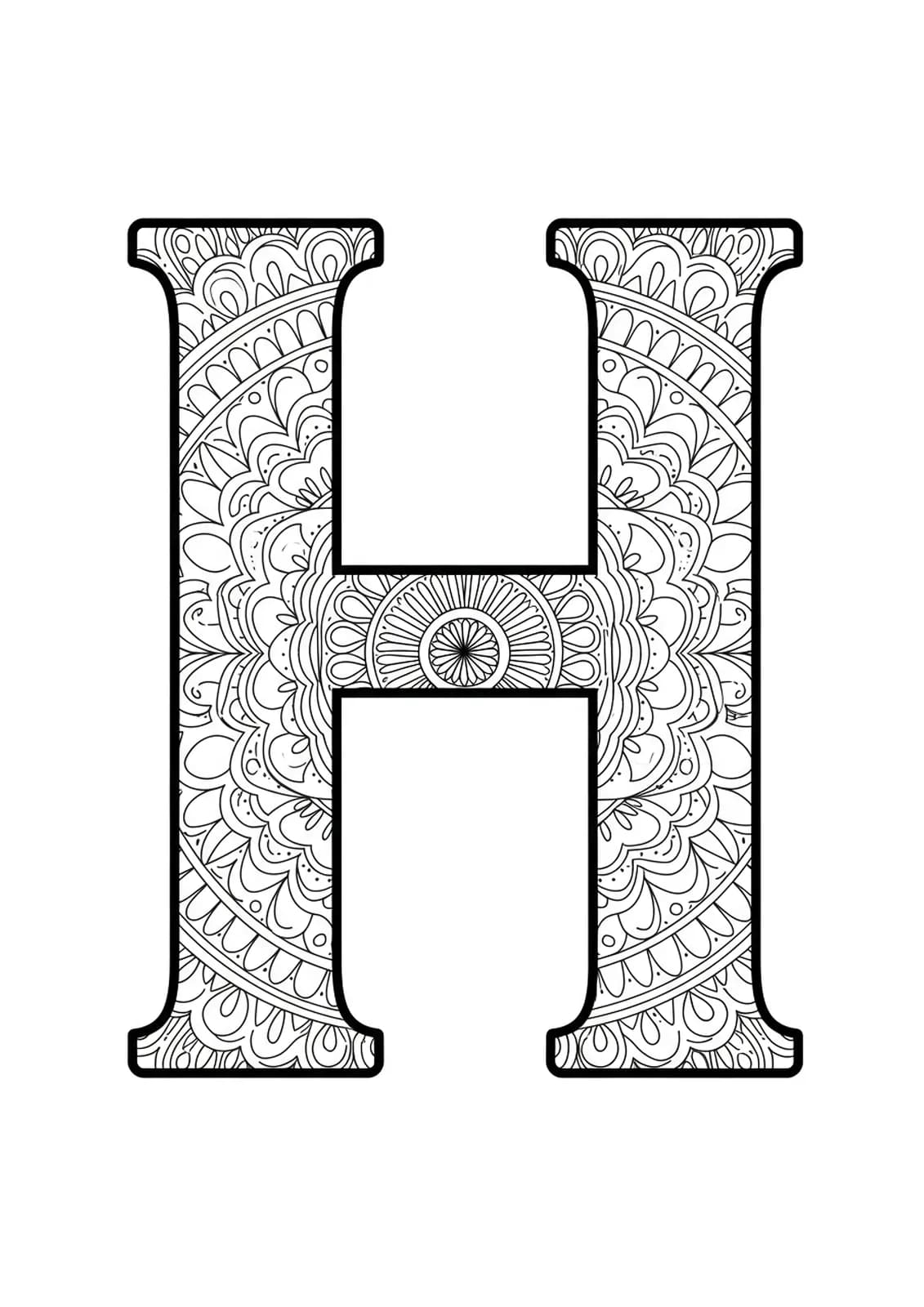 Easy mandala-themed letter H with simple, repeating circular patterns, designed for adult coloring.