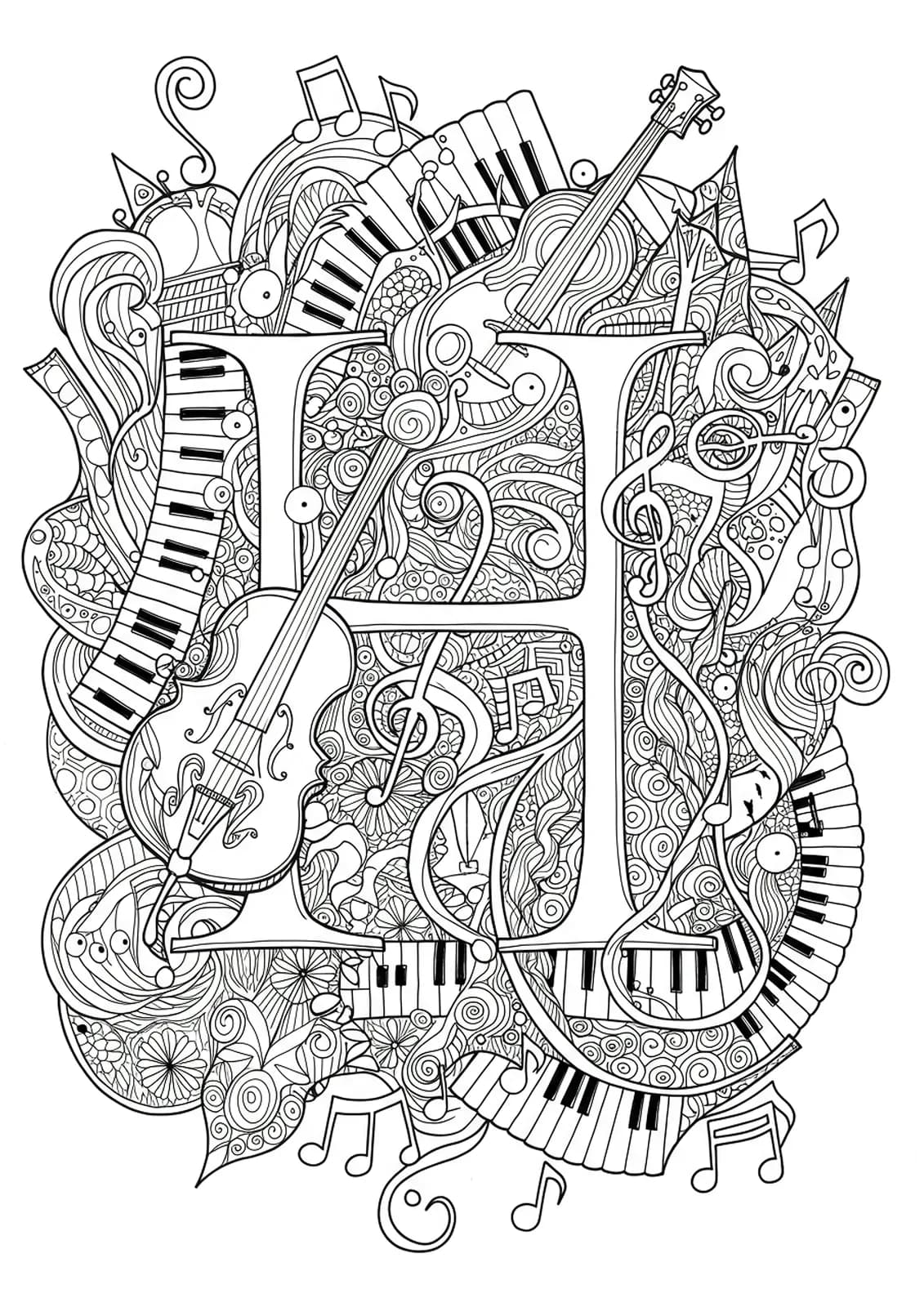 Letter H surrounded by intricate music notes, instruments, and swirling harmony motifs for adult coloring.