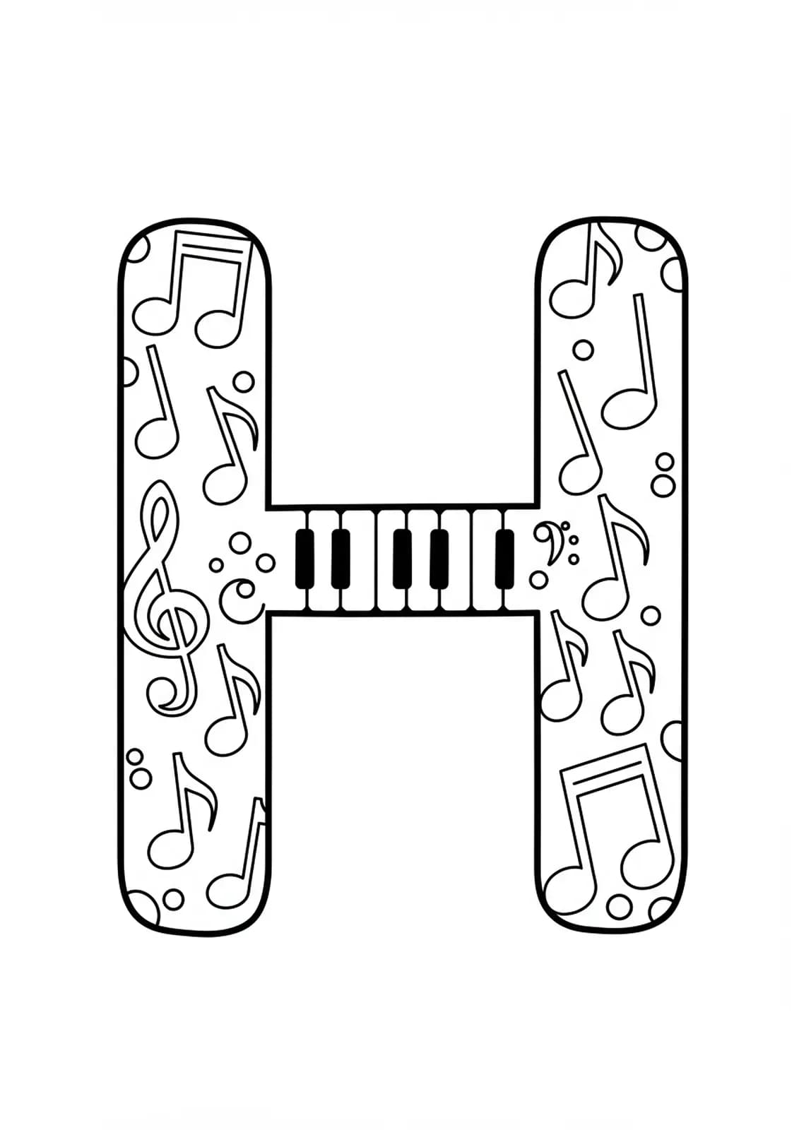 Letter H with large musical notes and symbols, suitable for easy adult coloring.