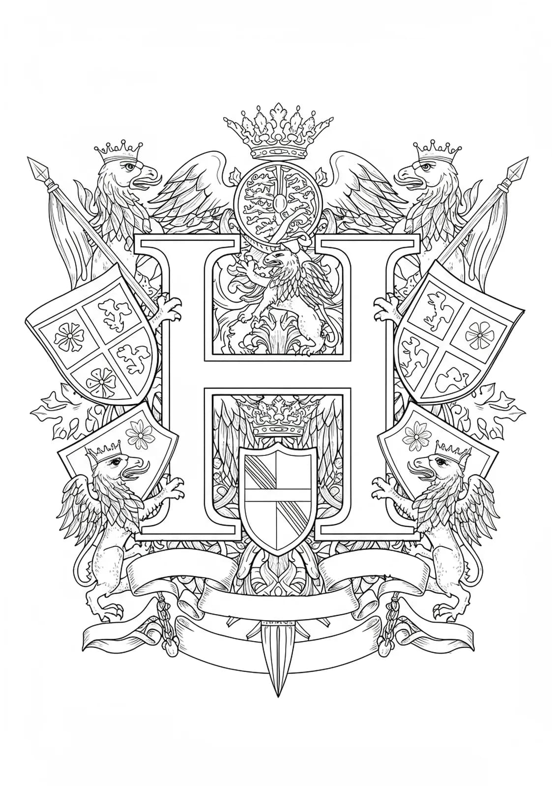 Heraldic-themed letter H with shields, banners, and griffins for adult coloring.