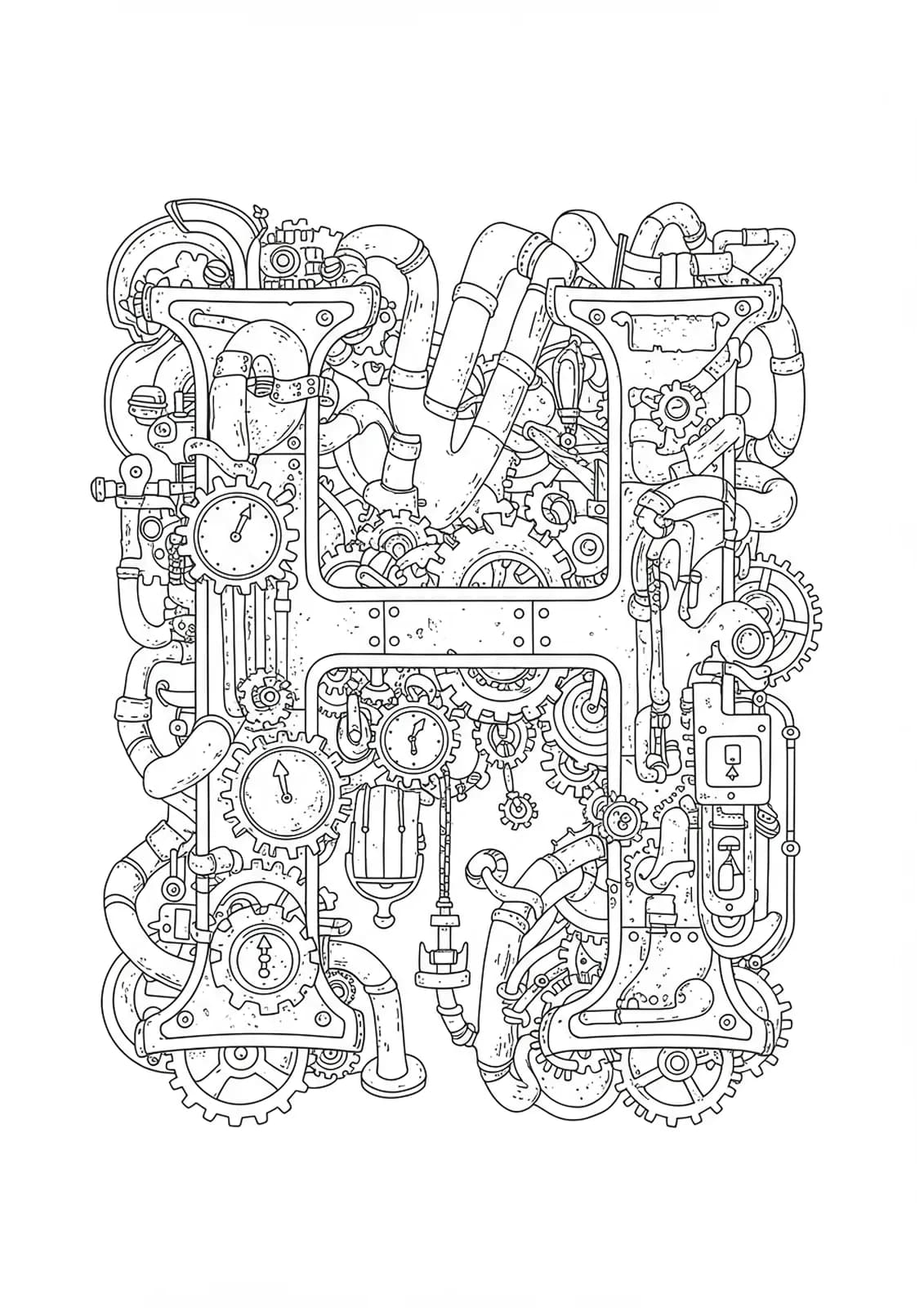 Medium complexity steampunk-themed letter H with gears and pipes for adult coloring.