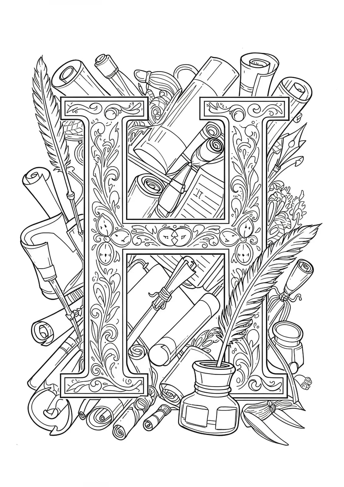 Letter H with vintage inkwells, quills, and scrolls for adult coloring.