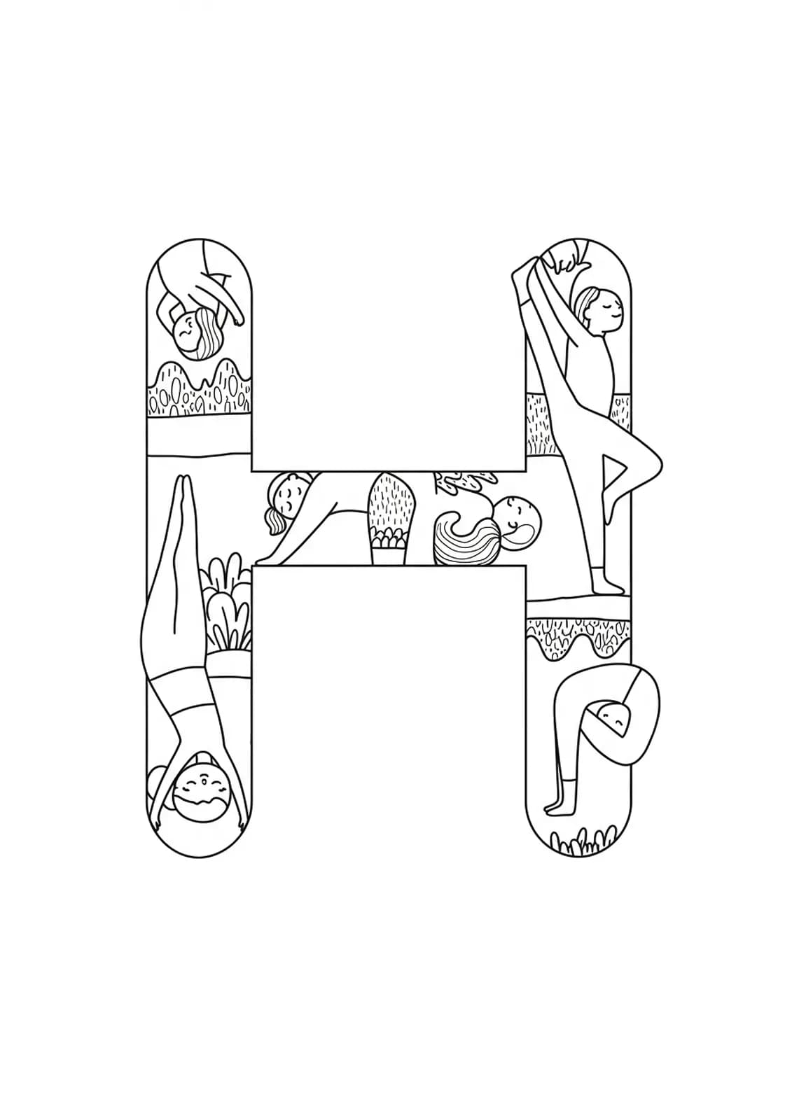 Letter H with large, simplified yoga pose silhouettes, suitable for adult coloring.