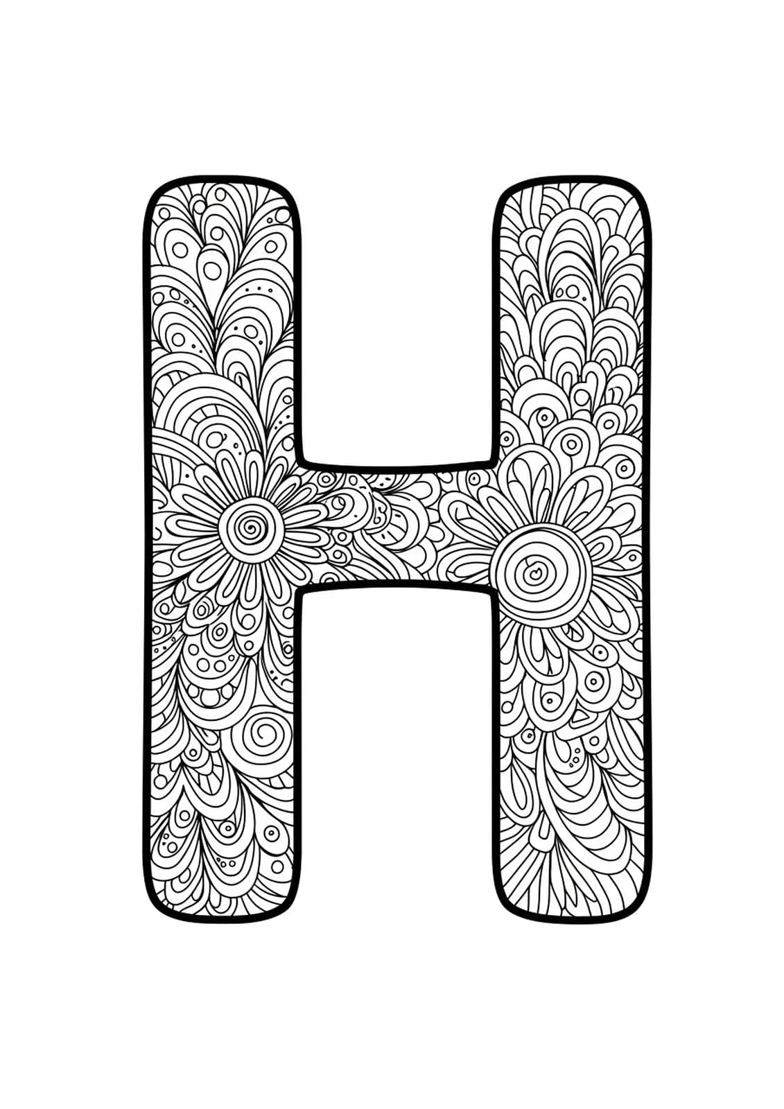 Printable letter H with straightforward zen doodle patterns, perfect for easy adult coloring.