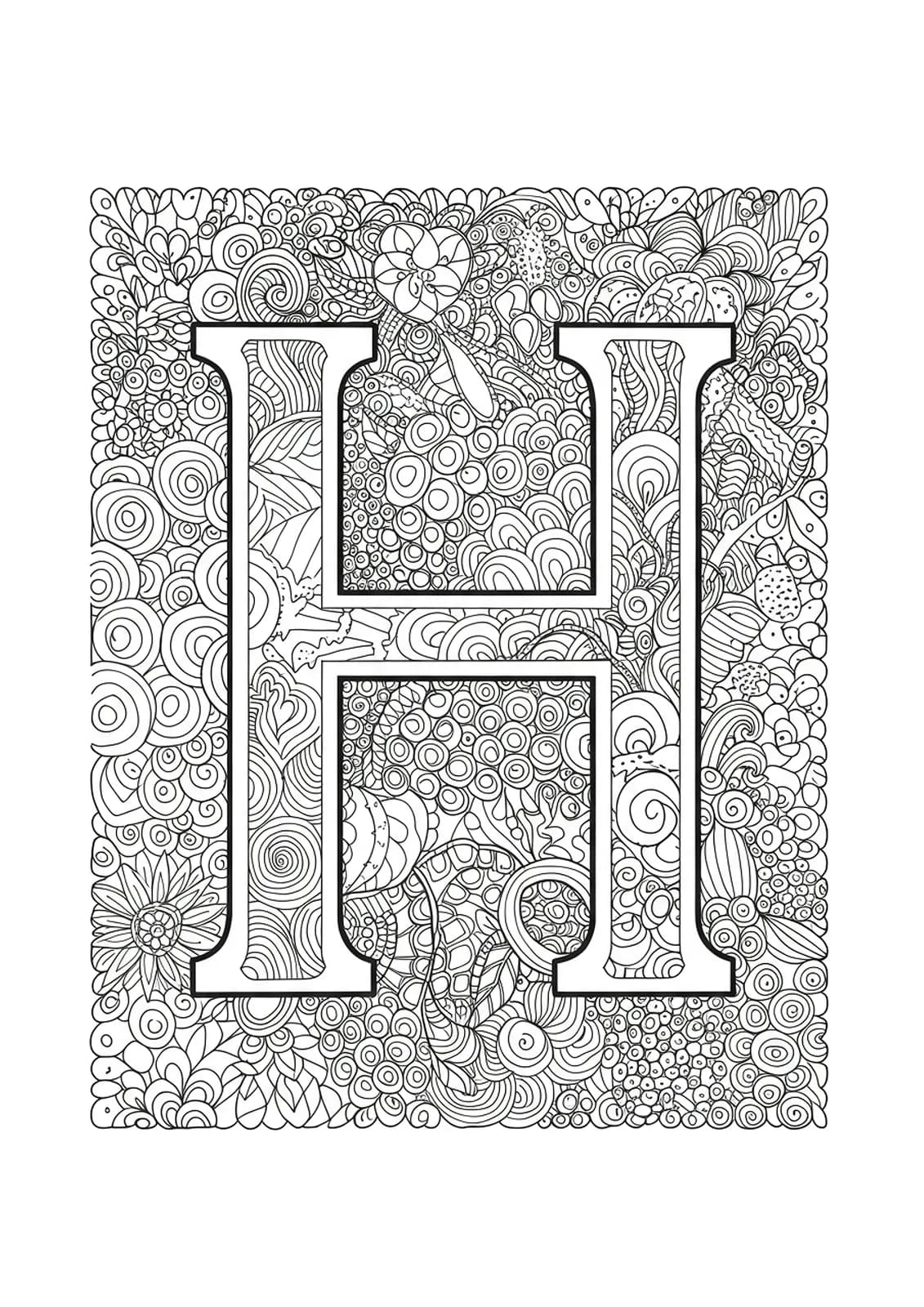 Letter H and background filled with intricate zen tangle and doodle patterns for adult coloring.