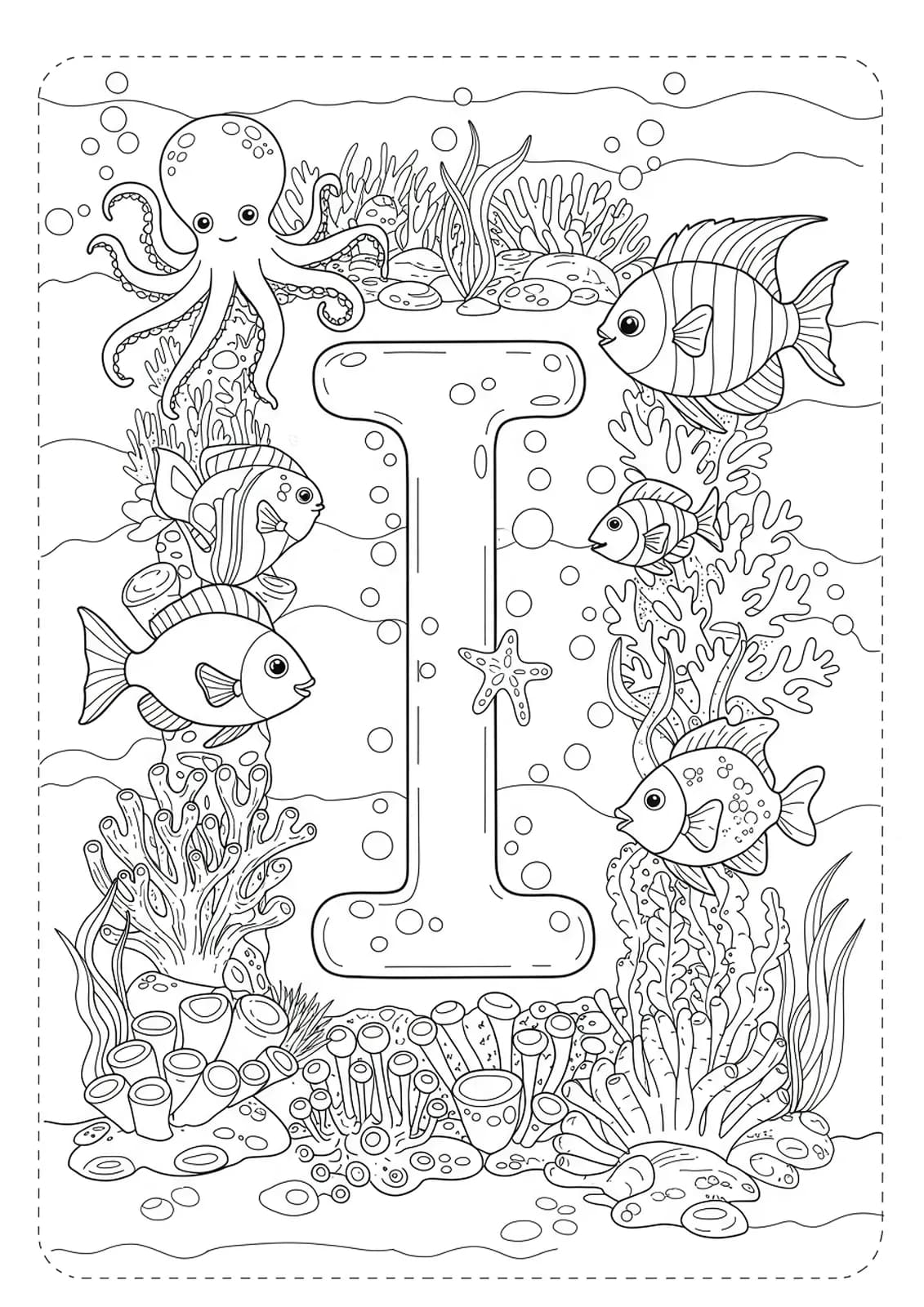 Letter I surrounded by fish, octopus, coral reefs, and bubbles in an underwater scene, hard preschool coloring.