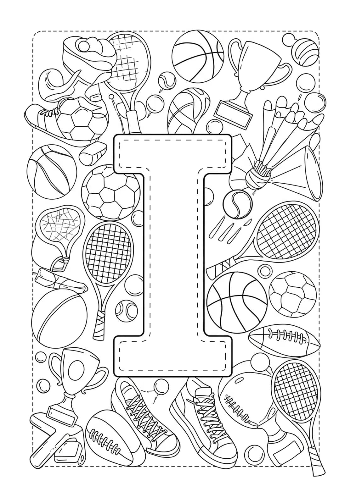 Letter I decorated with soccer balls, basketballs, tennis rackets, and sports patterns, hard preschool coloring.