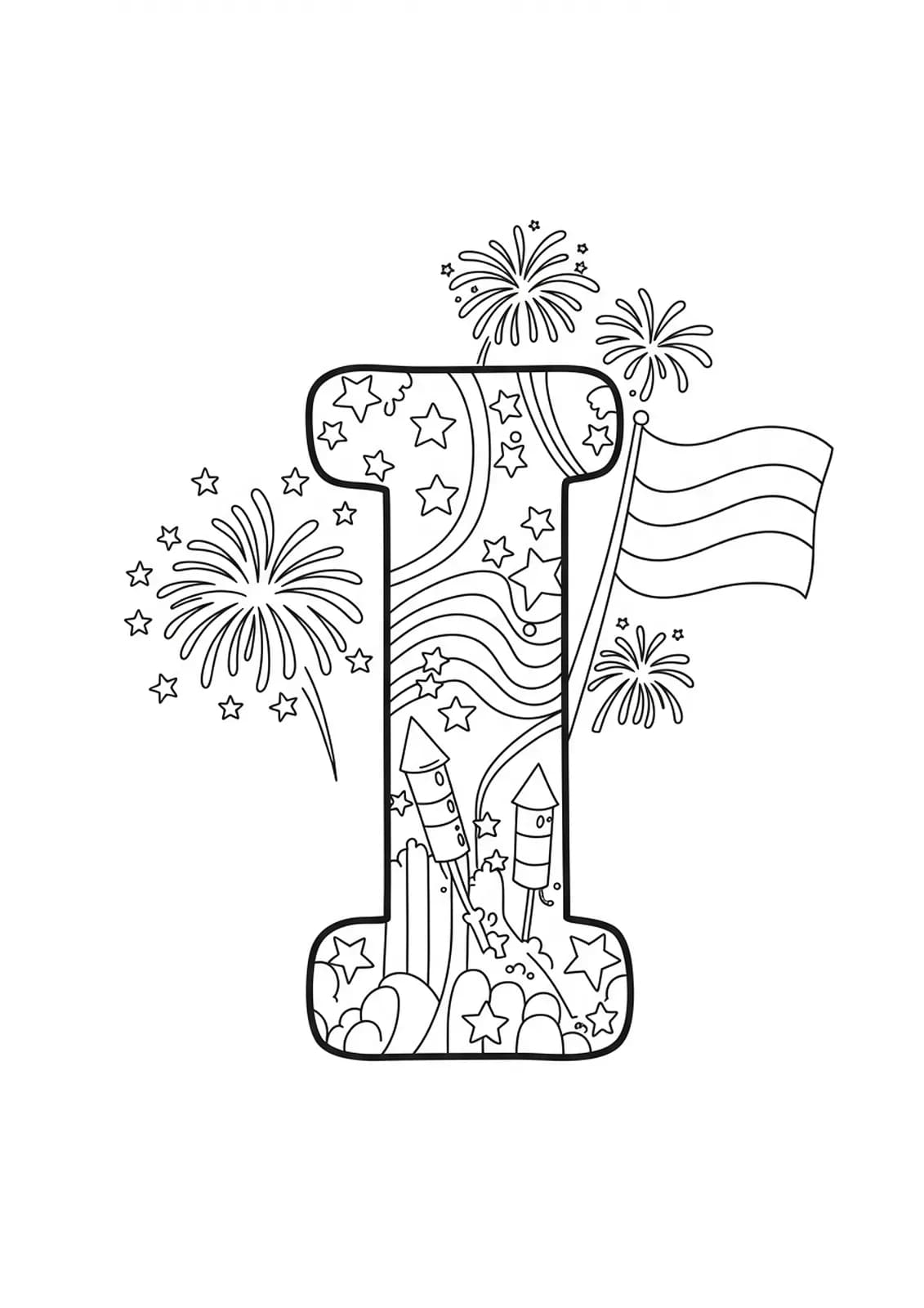 Large letter I decorated with fireworks, stars, and a waving flag.