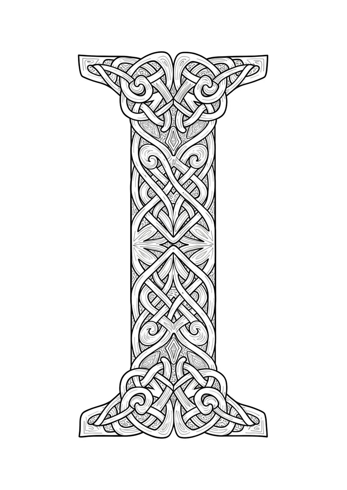 Intricate Celtic knot design forming and surrounding the letter I, filled with interwoven lines.