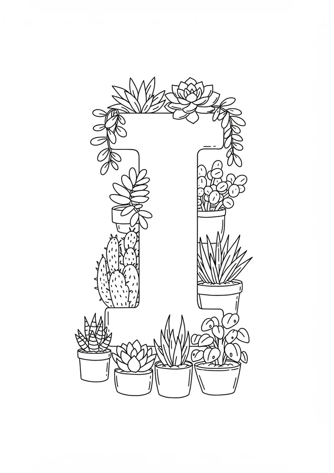 Easy coloring page with letter I and potted plants in a chic, urban style, simple outlines.