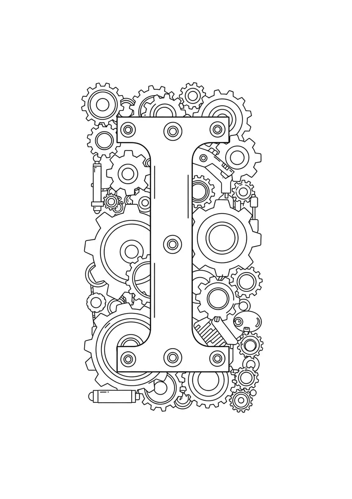 Easy industrial-themed letter I coloring page with cogs and gears, simple outlines for adults.