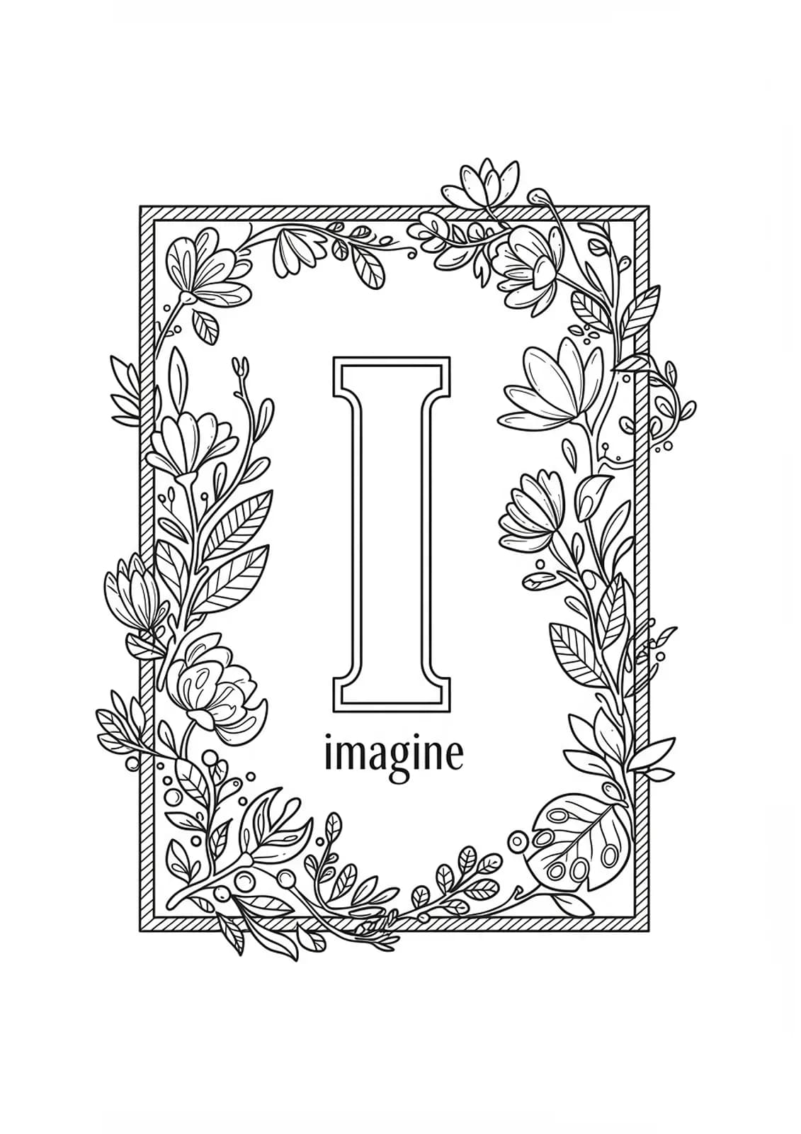 Letter I coloring page with a motivational word below and simple border design for easy coloring.