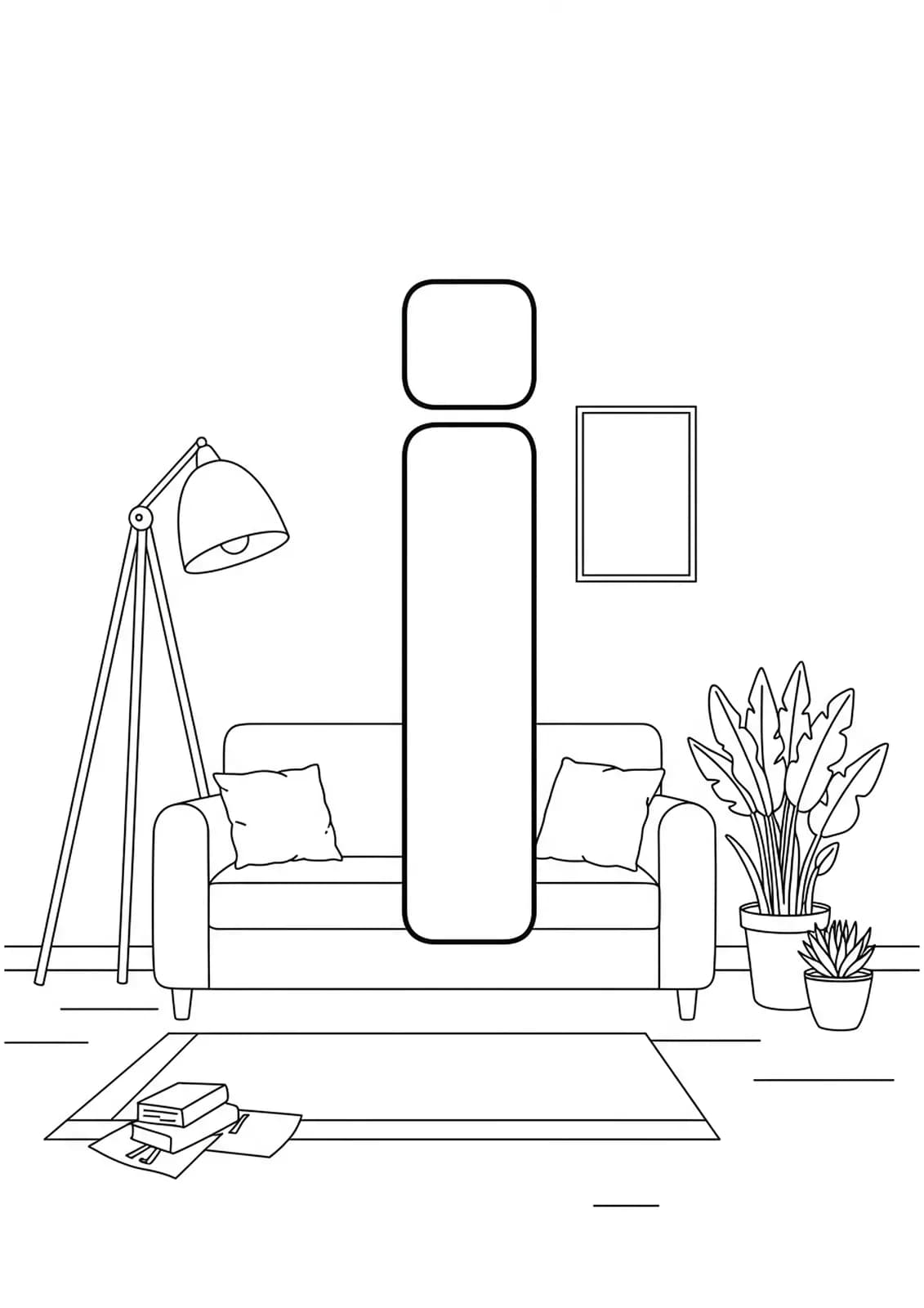 Simple letter I coloring page with modern living room elements and decorative plants.