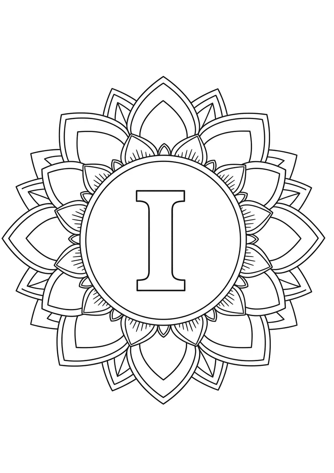 Letter I in the center of a simple mandala frame with large petals, easy coloring areas.