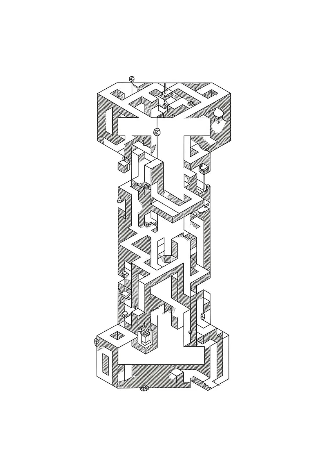 Intricate Escher-like impossible structures and staircases forming the letter I.