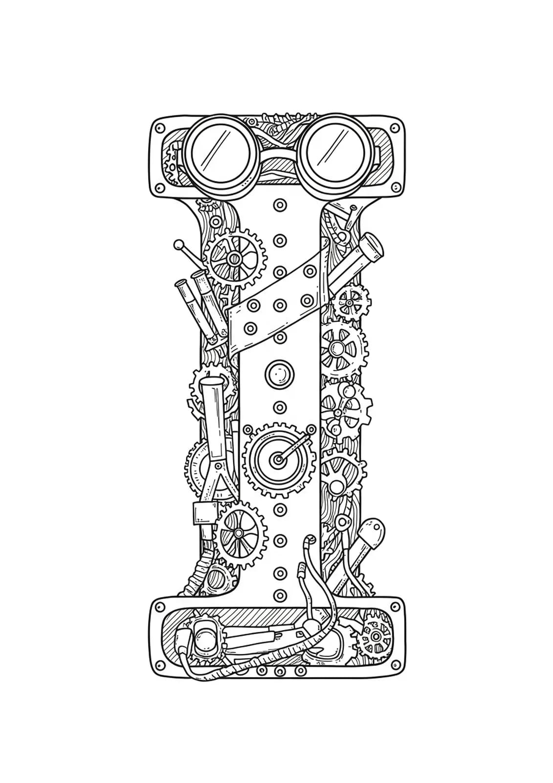 Letter I adorned with steampunk gears, goggles, and vintage machinery, medium detail coloring page.
