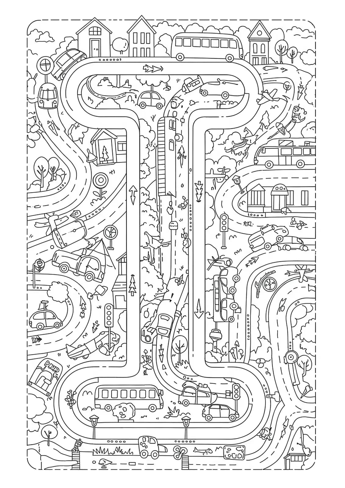 Letter I among cars, buses, and airplanes with traffic signs and complex patterns, hard for preschoolers.