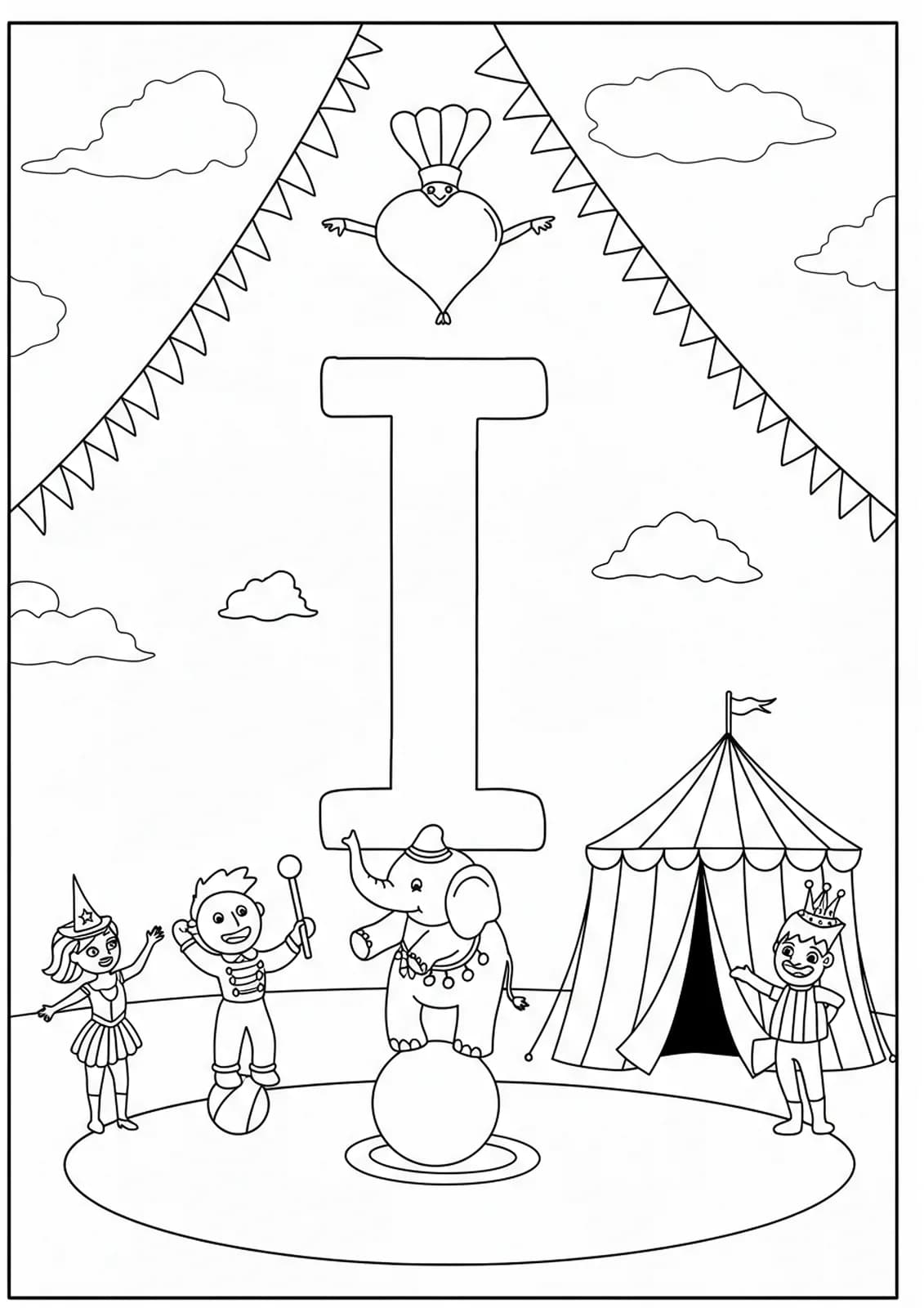 Circus-themed coloring page featuring letter I with performers, circus animals, and tent for elementary students.